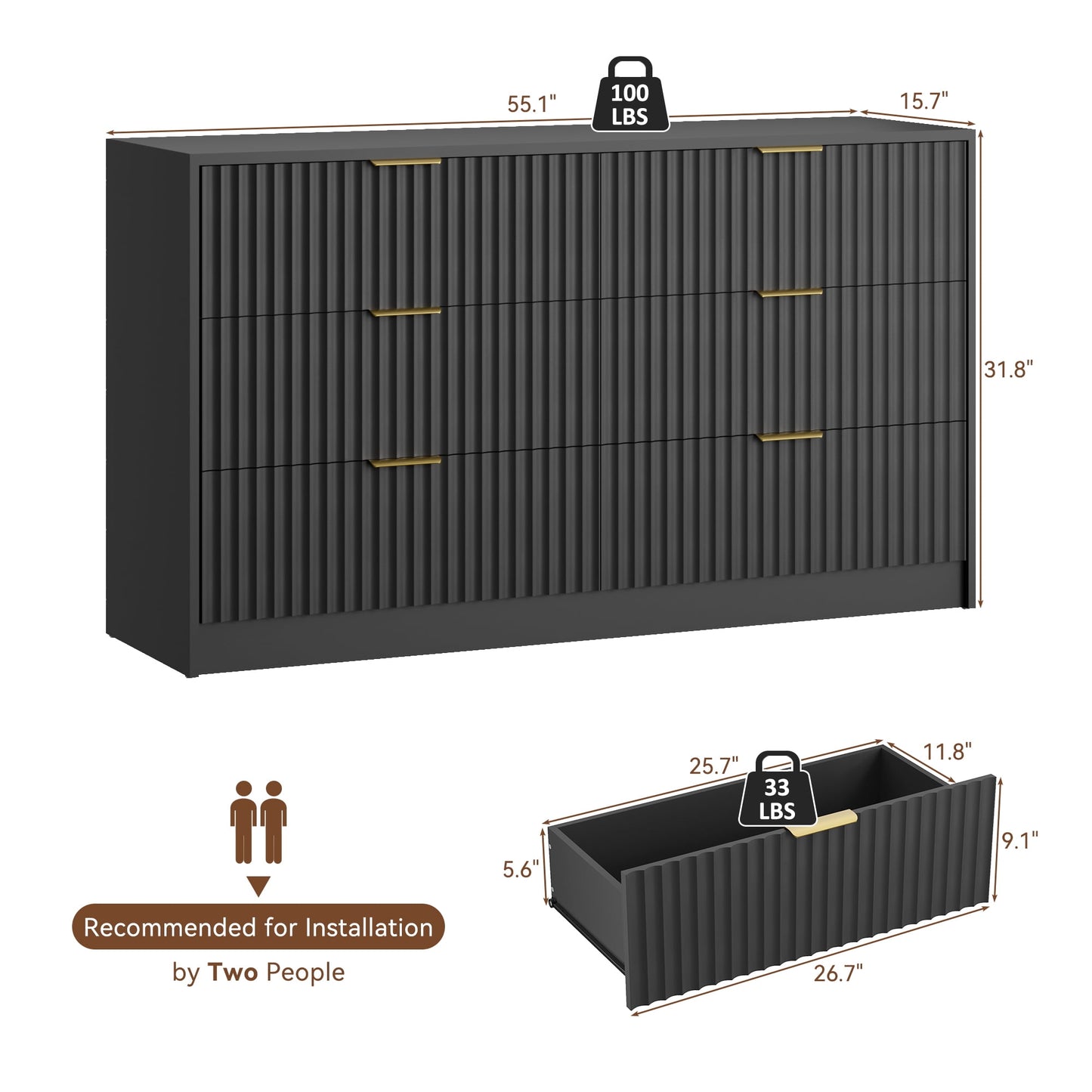 YouTrend 6 Drawer Dresser for Bedroom,55.1"Width Fluted Wood Chest of Drawer with Golden Embedded Handles for Living Room,Black
