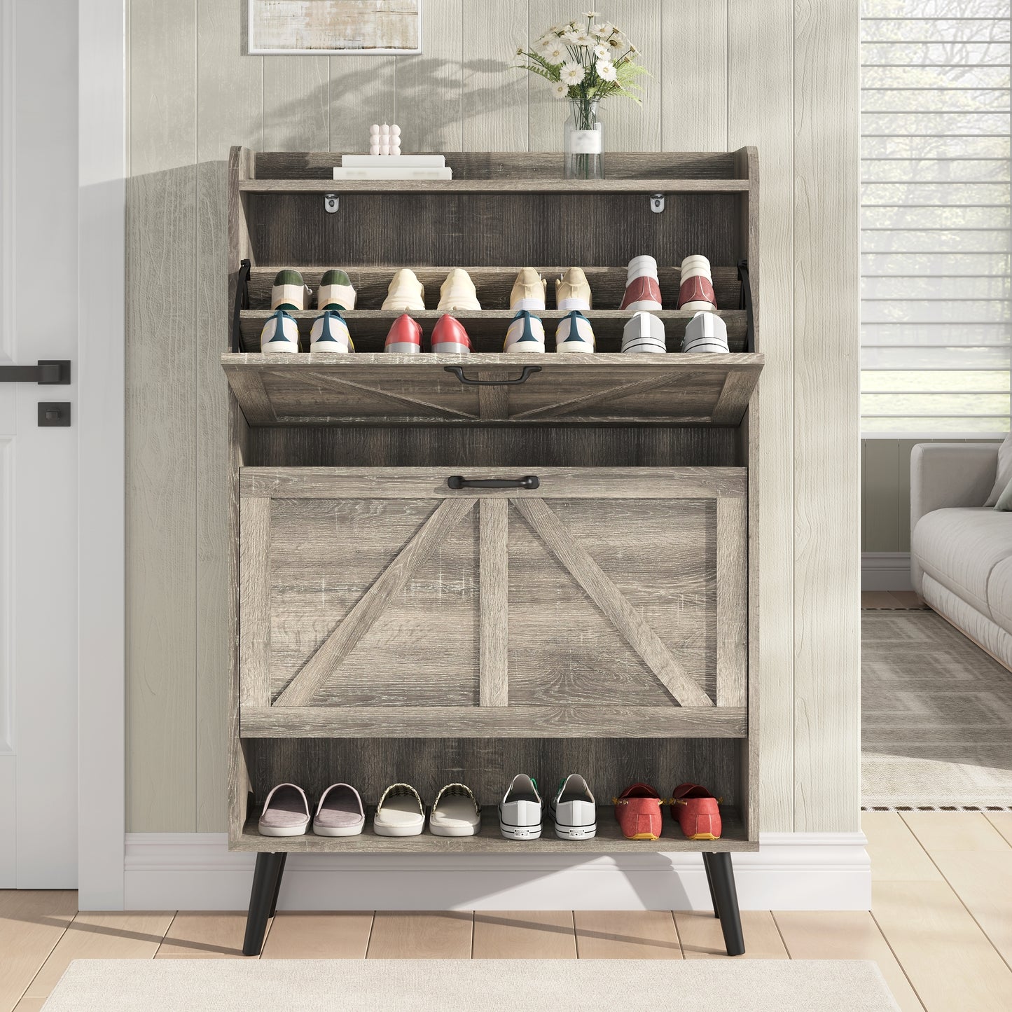 Shoe Storage Cabinet with 2 Flip Drawers, Farmhouse Shoe Organizer for Entryway