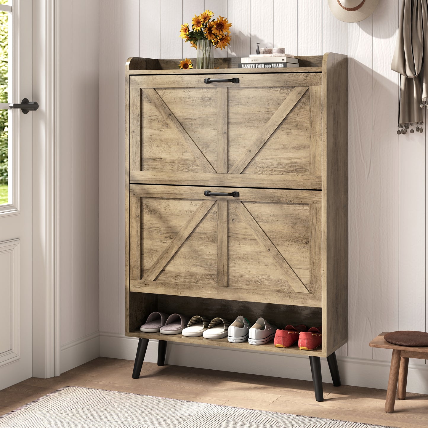 Shoe Storage Cabinet with 2 Flip Drawers, Farmhouse Shoe Organizer for Entryway
