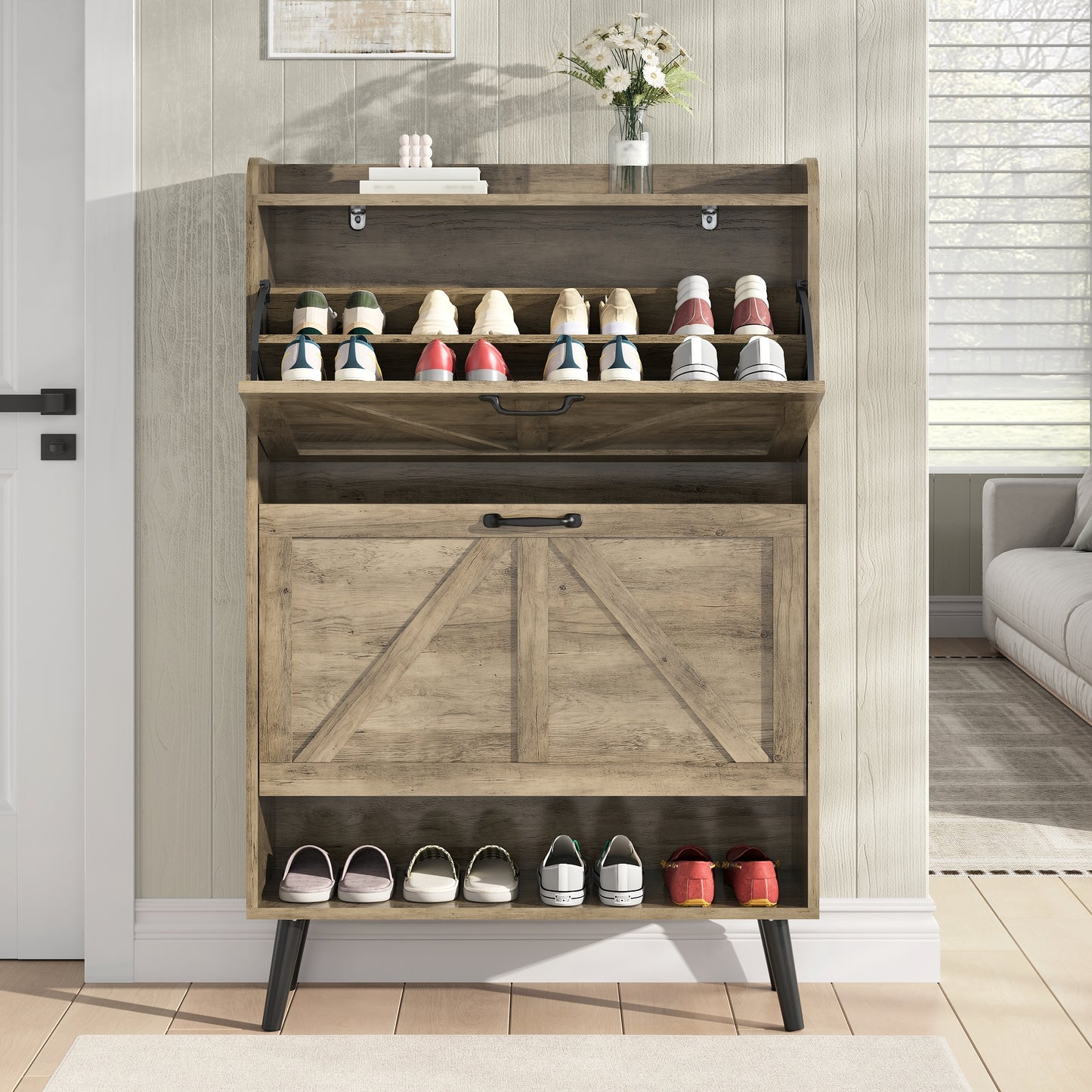 Shoe Storage Cabinet with 2 Flip Drawers, Farmhouse Shoe Organizer for Entryway
