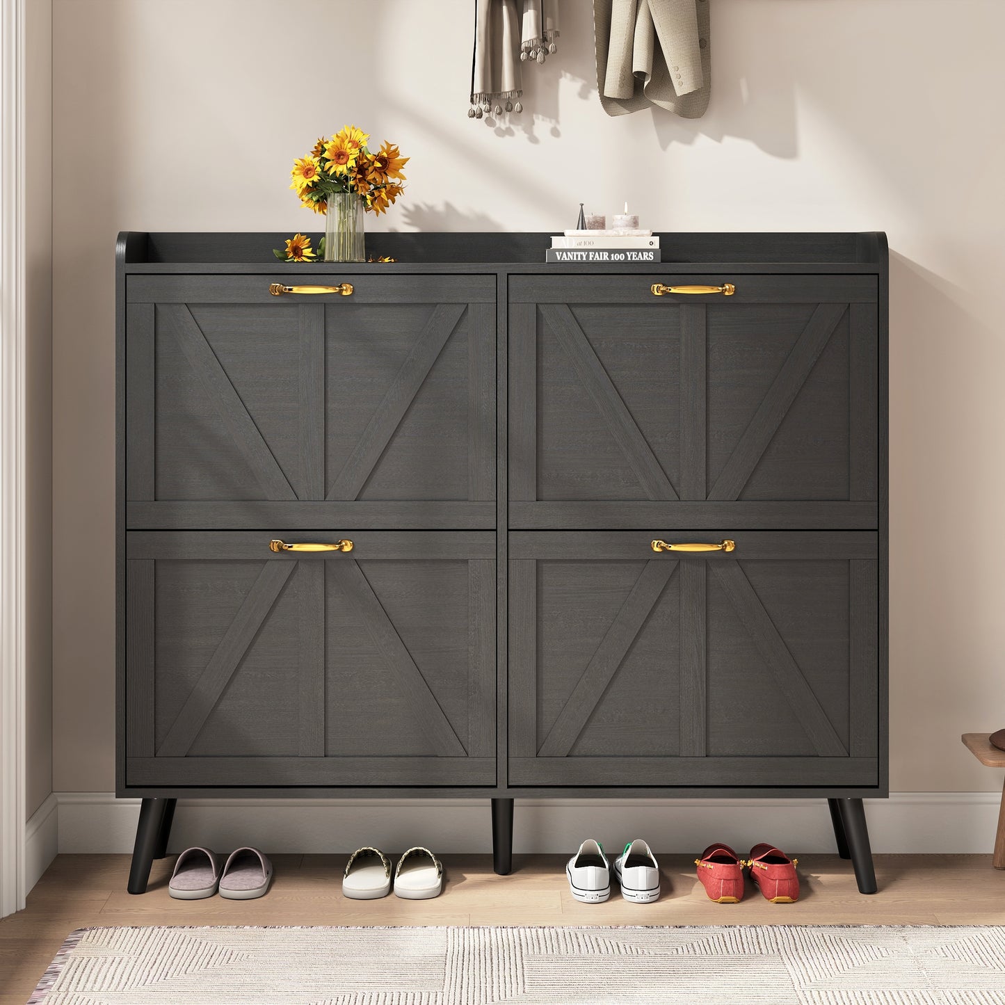 Shoe Storage Cabinet with 4 Flip Drawers, Farmhouse Shoe Organizer for Entryway