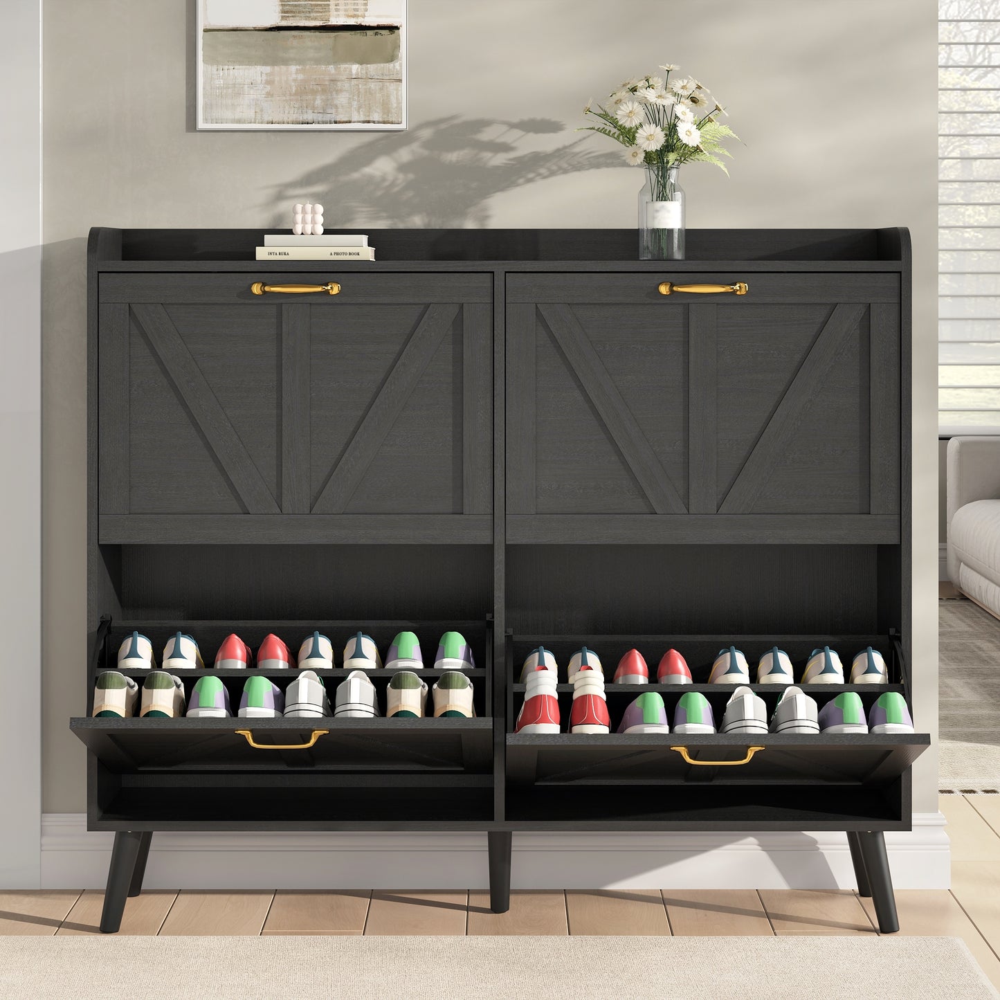 Shoe Storage Cabinet with 4 Flip Drawers, Farmhouse Shoe Organizer for Entryway