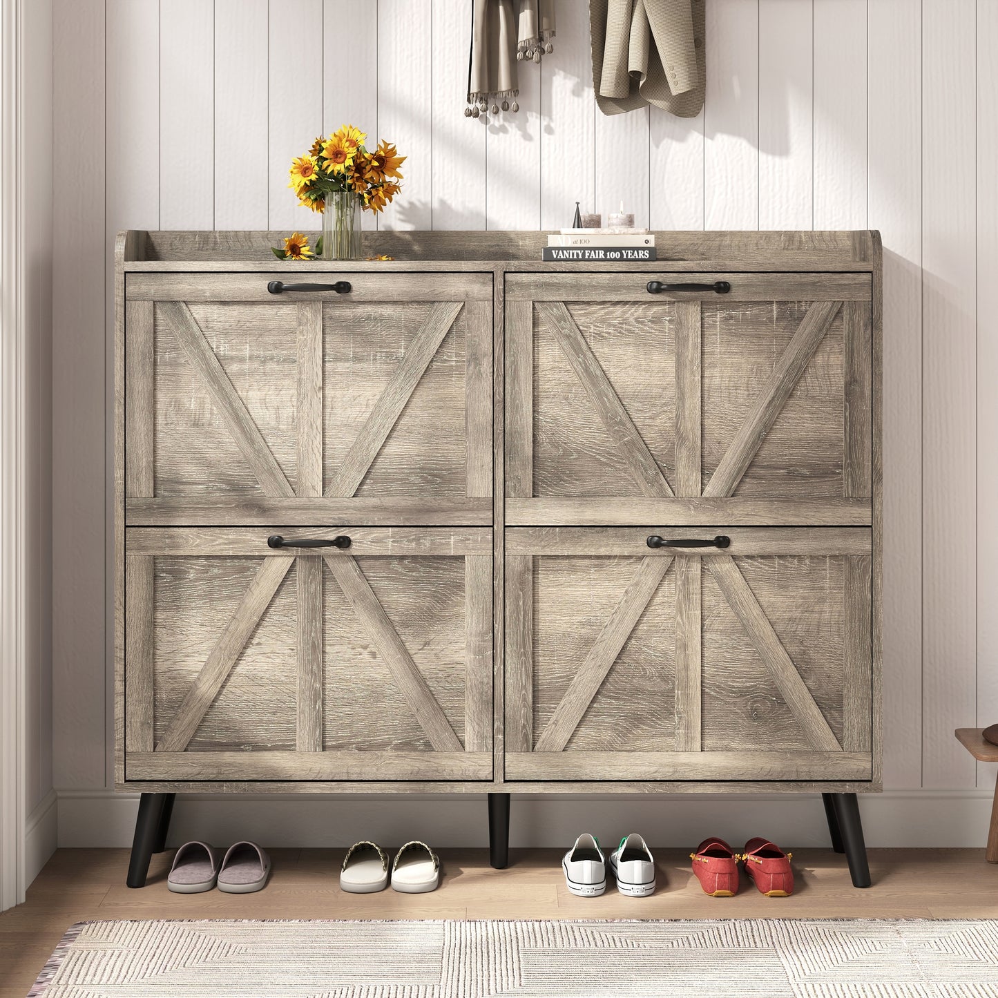 Shoe Storage Cabinet with 4 Flip Drawers, Farmhouse Shoe Organizer for Entryway
