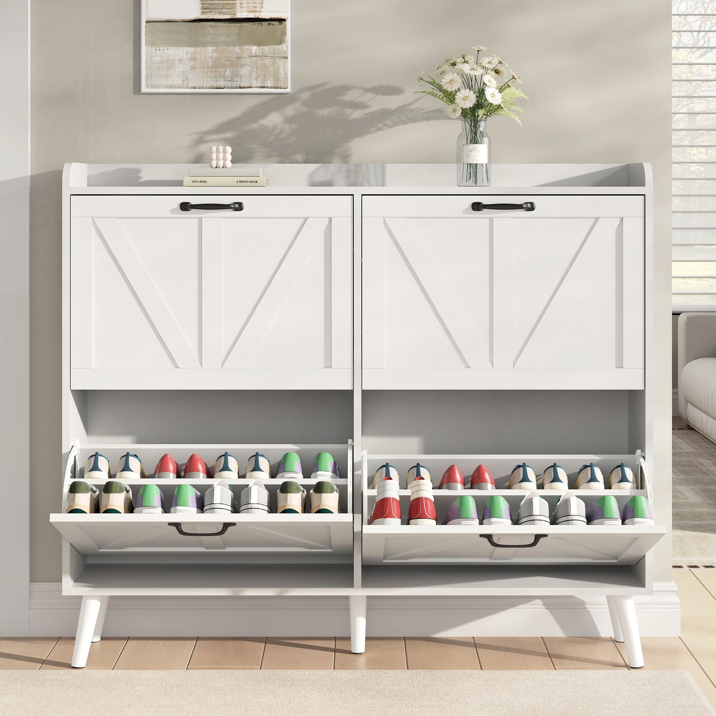 Shoe Storage Cabinet with 4 Flip Drawers, Farmhouse Shoe Organizer for Entryway