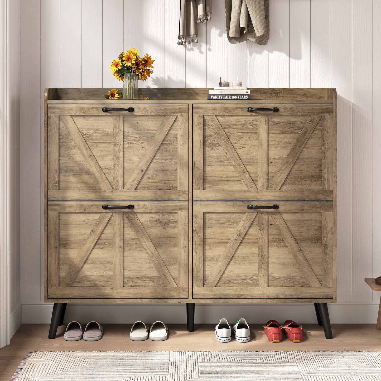 Shoe Storage Cabinet with 4 Flip Drawers, Farmhouse Shoe Organizer for Entryway