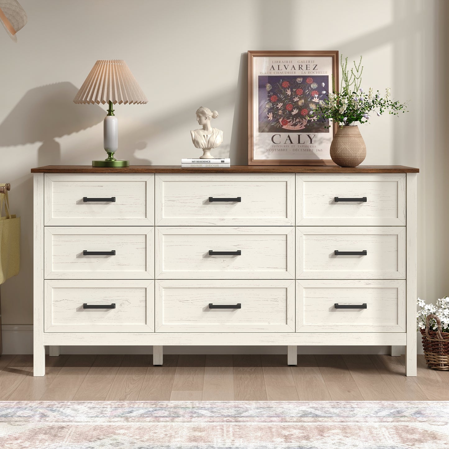 9 Drawer Farmhouse Dresser,Wood Adult Rustic Chest of Drawer with Metal Handles for Bedroom Living Room Hallway