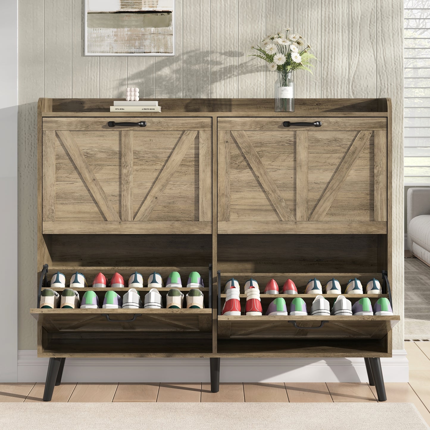 Shoe Storage Cabinet with 4 Flip Drawers, Farmhouse Shoe Organizer for Entryway