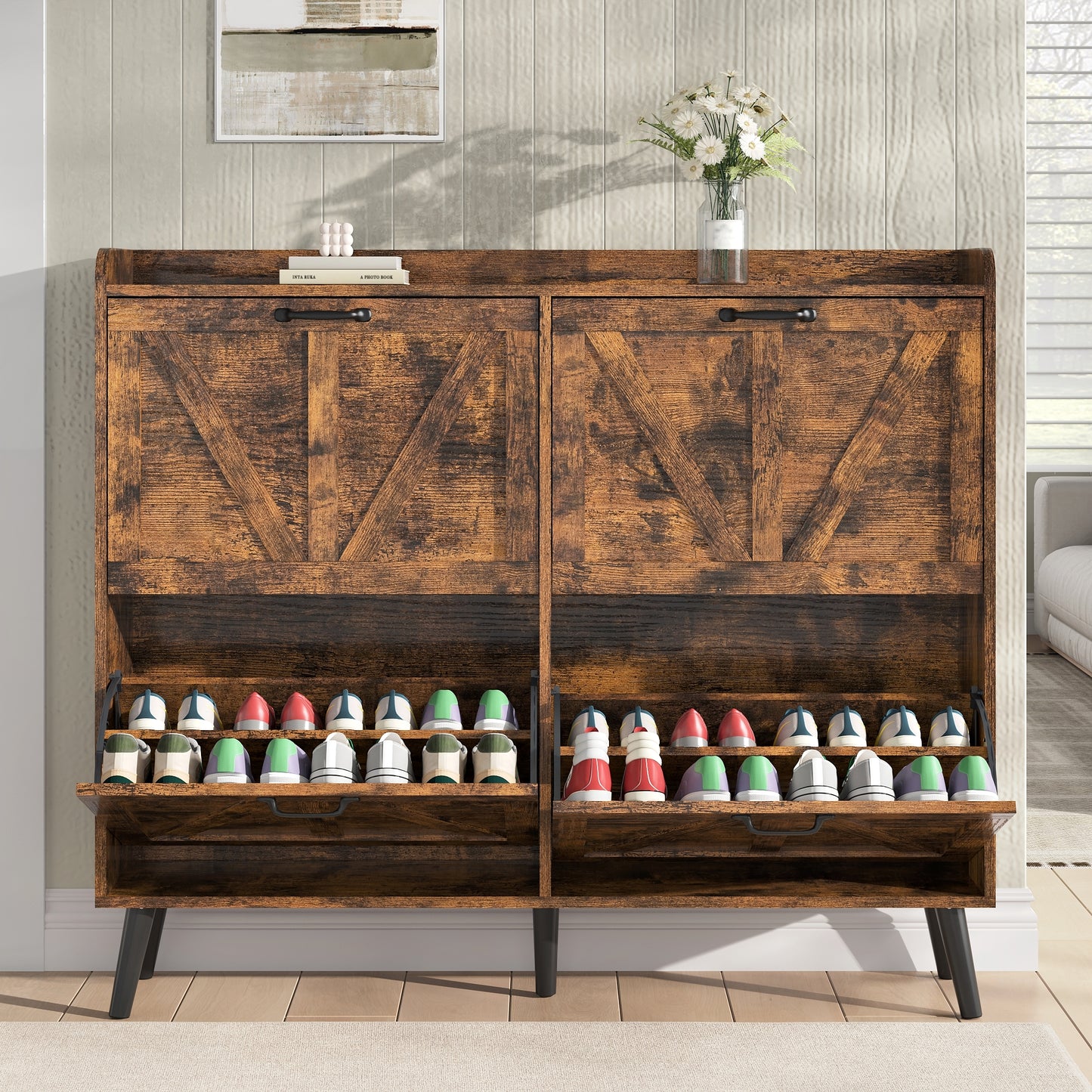 Shoe Storage Cabinet with 4 Flip Drawers, Farmhouse Shoe Organizer for Entryway