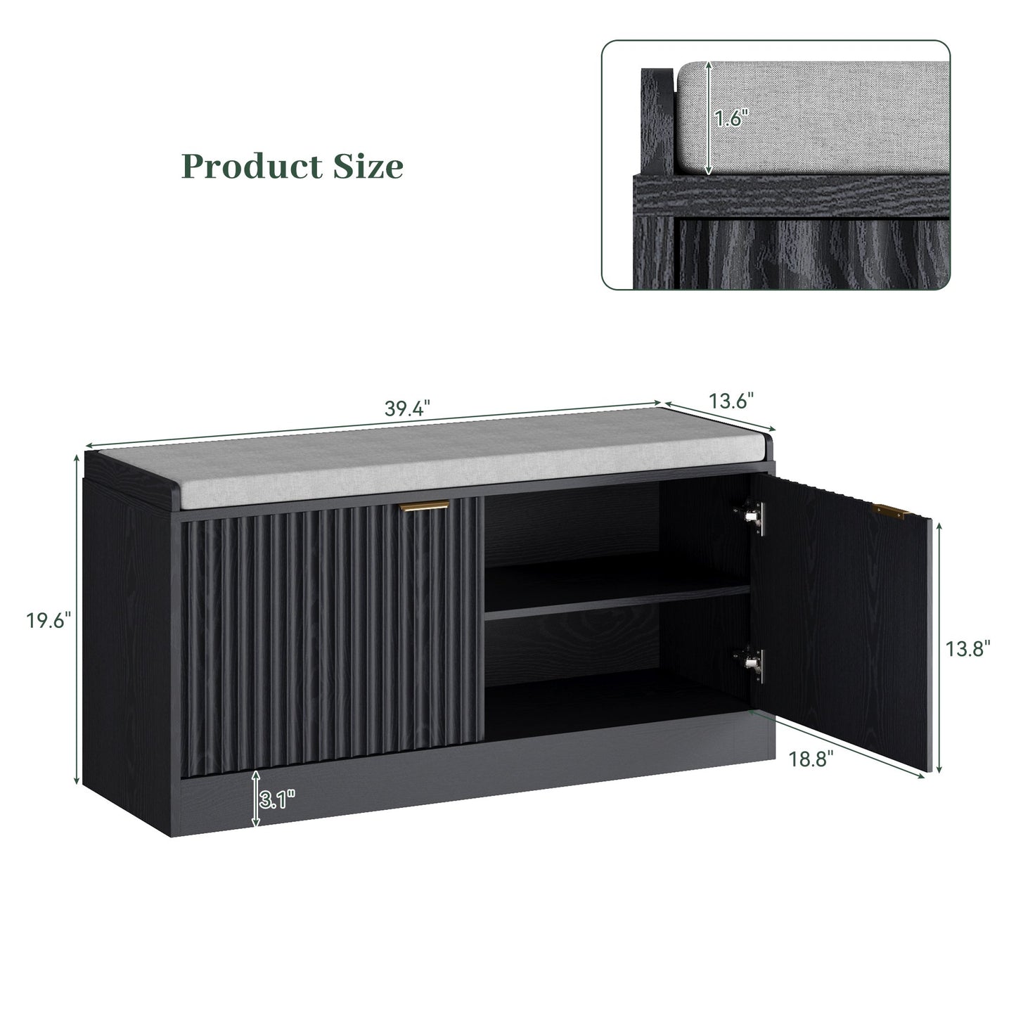 ASTUVIA Fluted Shoe Bench with Cushion, 2-Tier Shoe Storage Bench with Adjustable Shelves, Shoe Cabinet with Bench for Hallway