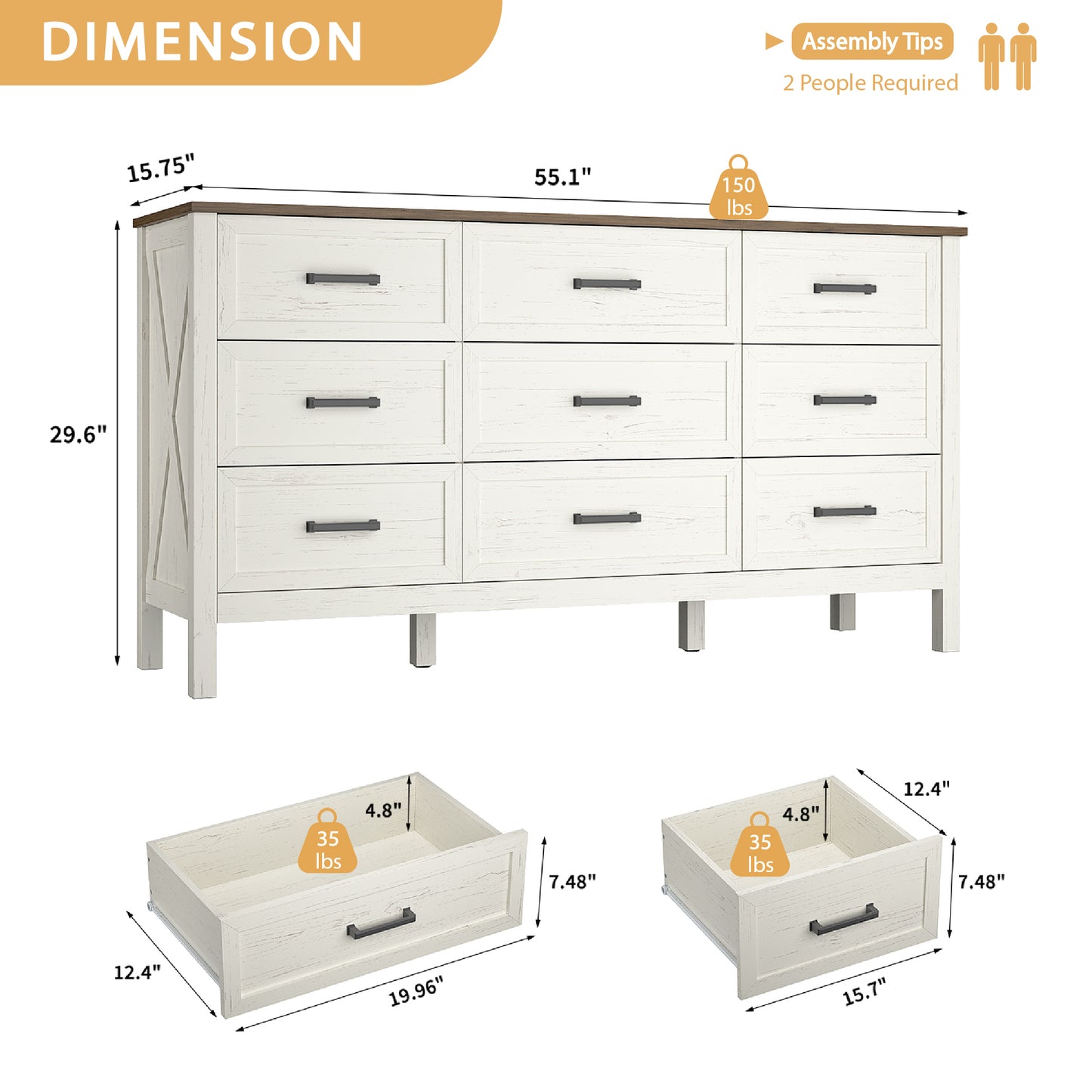 9 Drawer Farmhouse Dresser,Wood Adult Rustic Chest of Drawer with Metal Handles for Bedroom Living Room Hallway