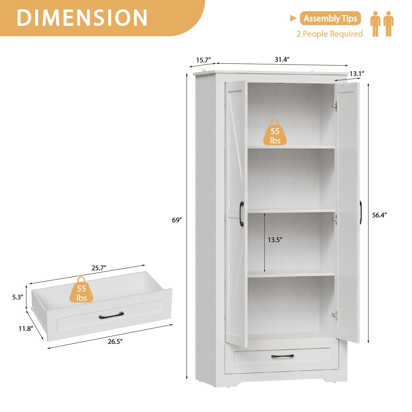 69" Tall Kitchen Pantry,Farmhouse Storage Cabinet with 2 Barn Doors 4 Adjustable Shelves and Large Drawer for Dining Room,Living Room,Bathroom