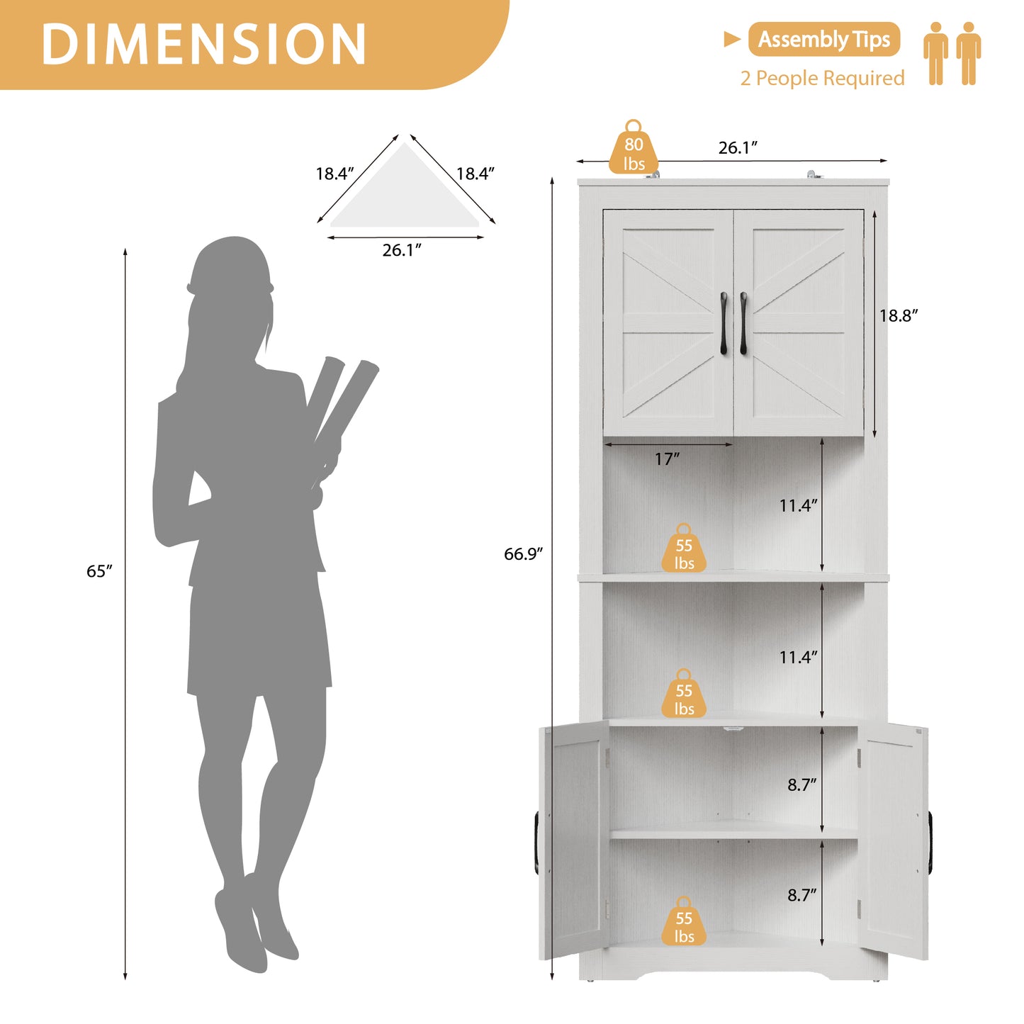 Farmhouse Corner Cabinet with 2 Doors and Adjustable Shelves,Tall Storage Cabinet for Bathroom,Living Room,Kitchen,Living Room