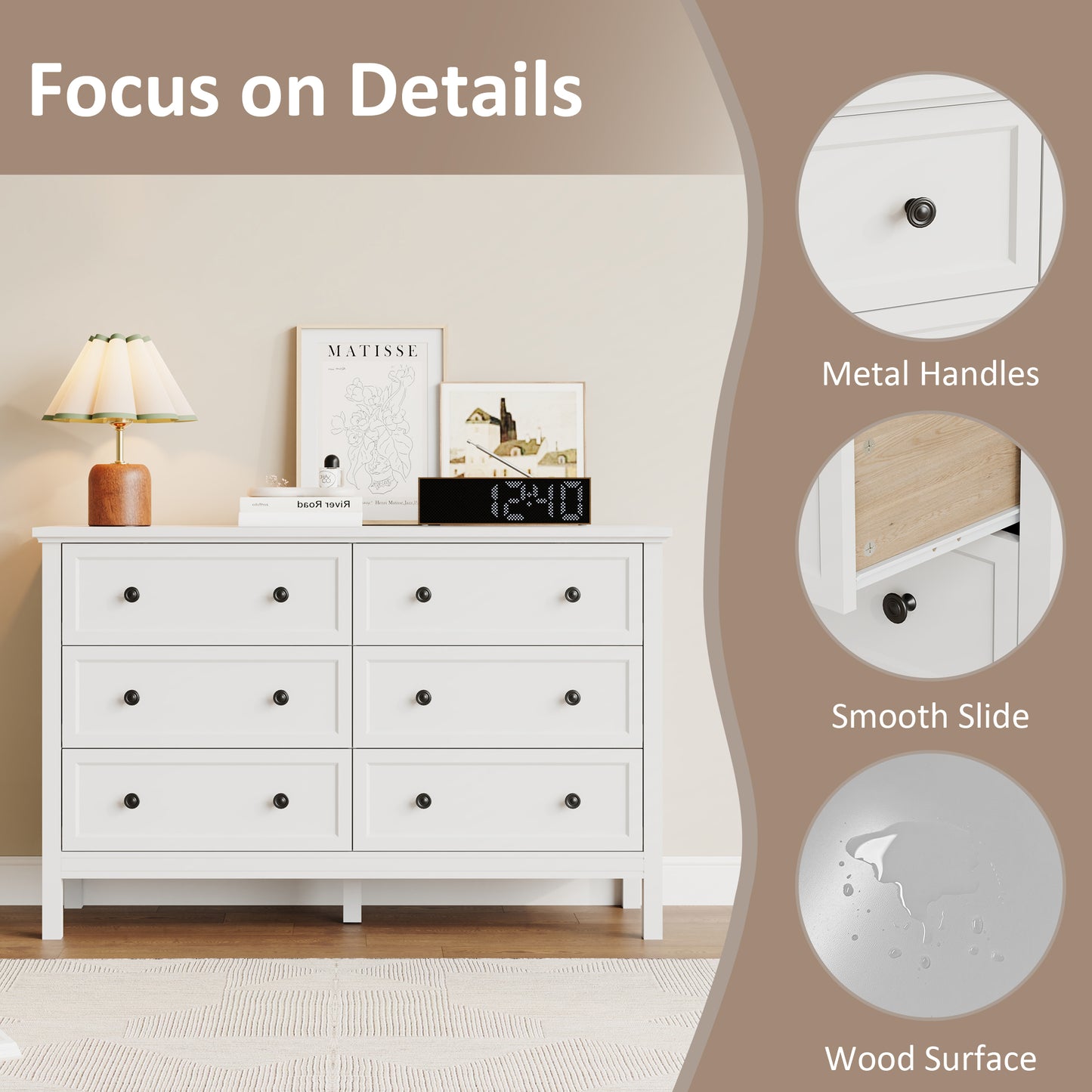 Dresser with 6 Drawer for Bedroom,Traditional Adult Chest of Drawers with Golden Handles for Living Room,Hallway,Nursery