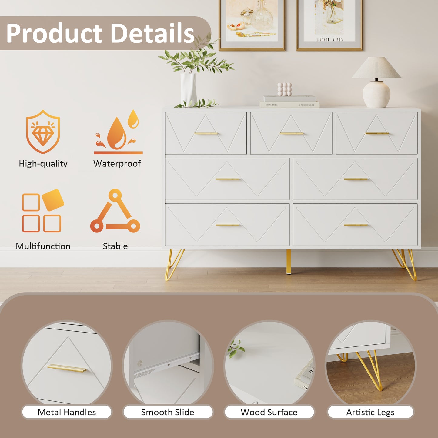 7 Drawer Dresser,Adult Dresser with Golden Legs & Handles,Wooden Chest of Drawer, for Bedroom Living Room
