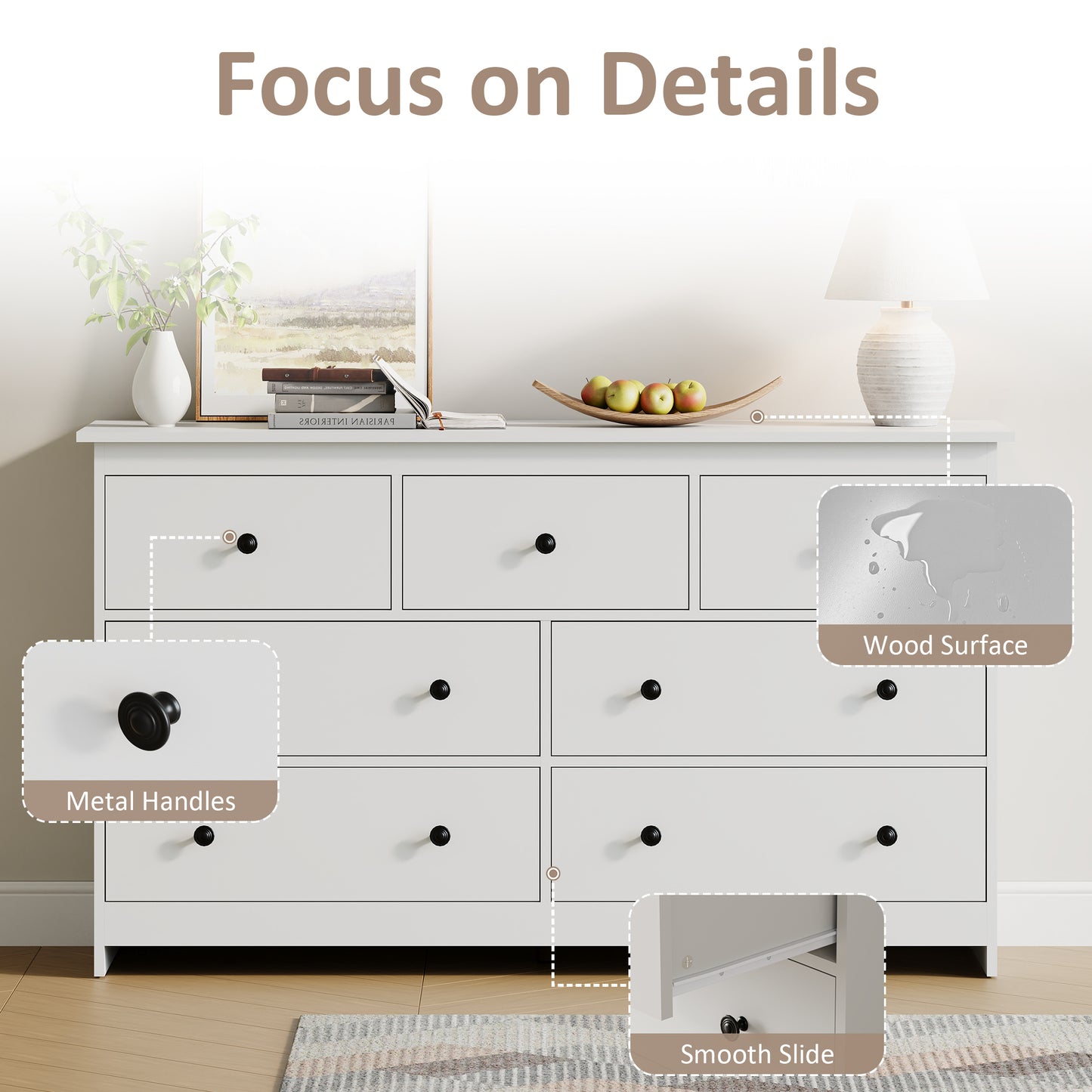 7 Drawer Dresser, Modern Chests of Drawers Wood Adult Storage Cabinet for Bedroom Living Room Hallway Entryway