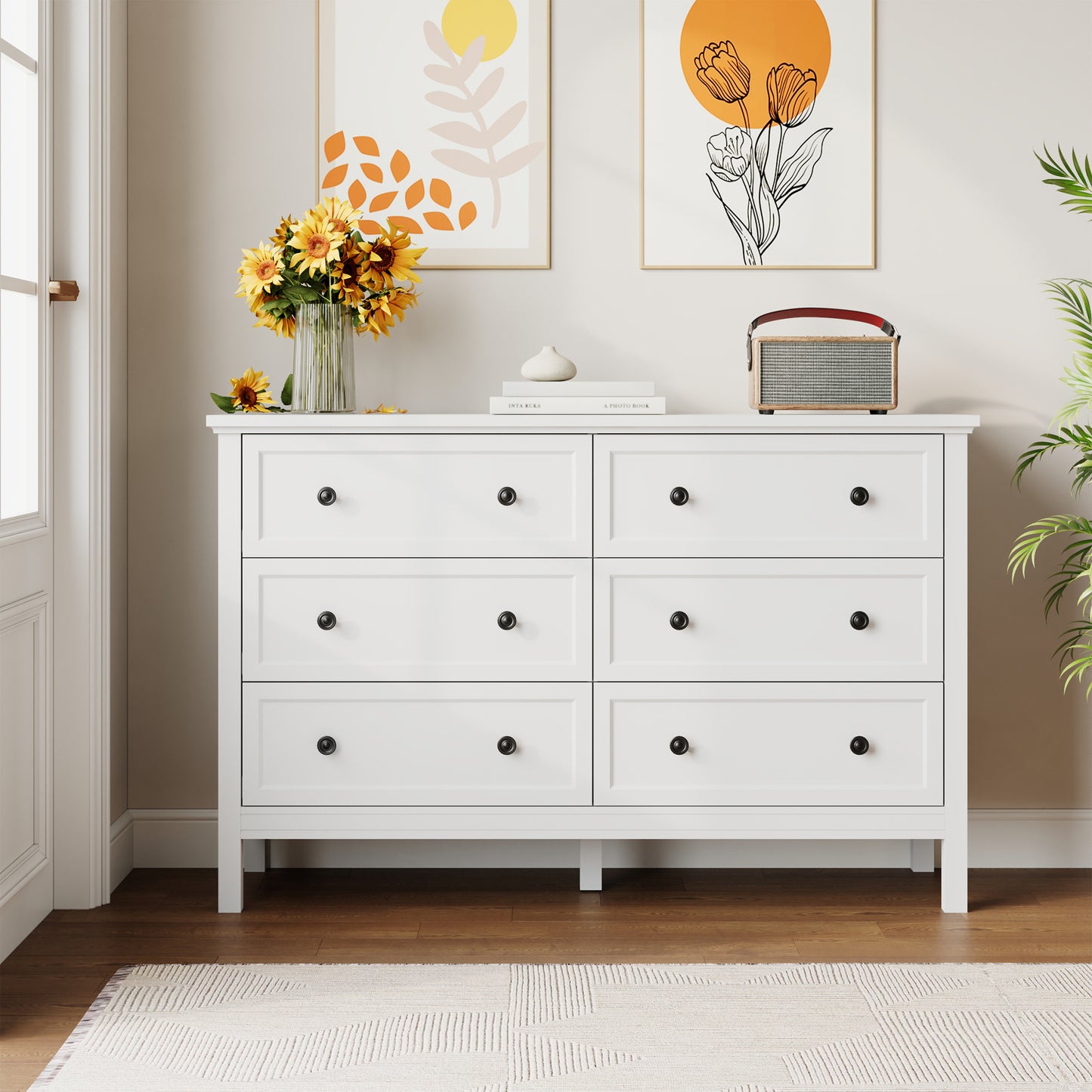 Dresser with 6 Drawer for Bedroom,Traditional Adult Chest of Drawers with Golden Handles for Living Room,Hallway,Nursery
