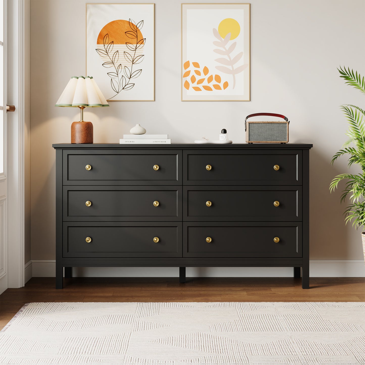 Dresser with 6 Large Drawer for Bedroom,Traditional Adult Chest of Drawers with Golden Handles for Living Room,Hallway,Nursery