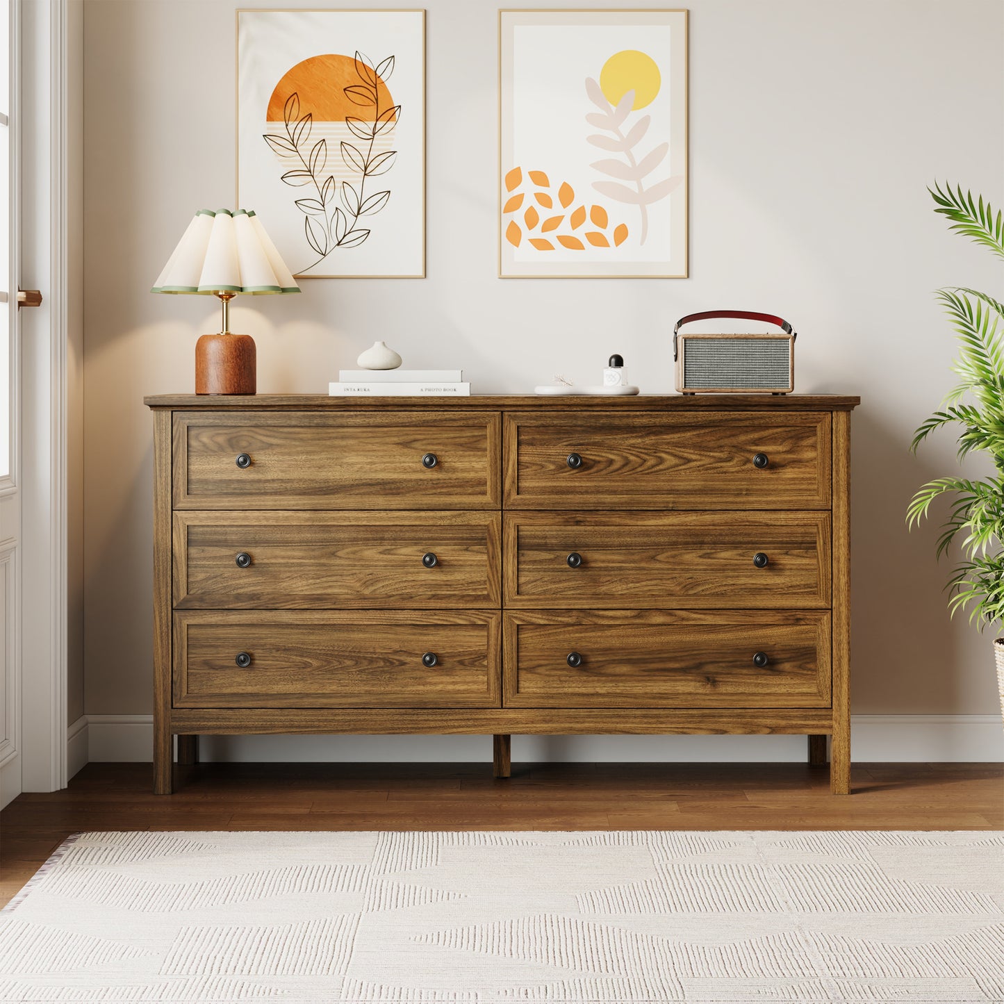 Dresser with 6 Large Drawer for Bedroom,Traditional Adult Chest of Drawers with Golden Handles for Living Room,Hallway,Nursery
