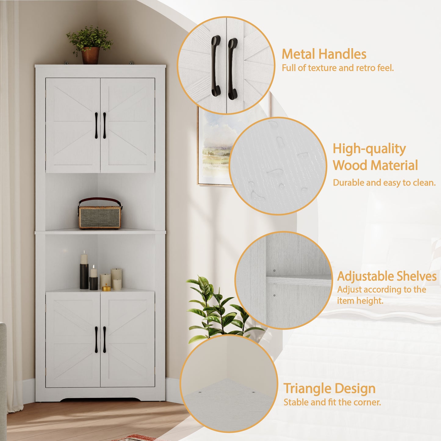 Farmhouse Corner Cabinet with 2 Doors and Adjustable Shelves,Tall Storage Cabinet for Bathroom,Living Room,Kitchen,Living Room