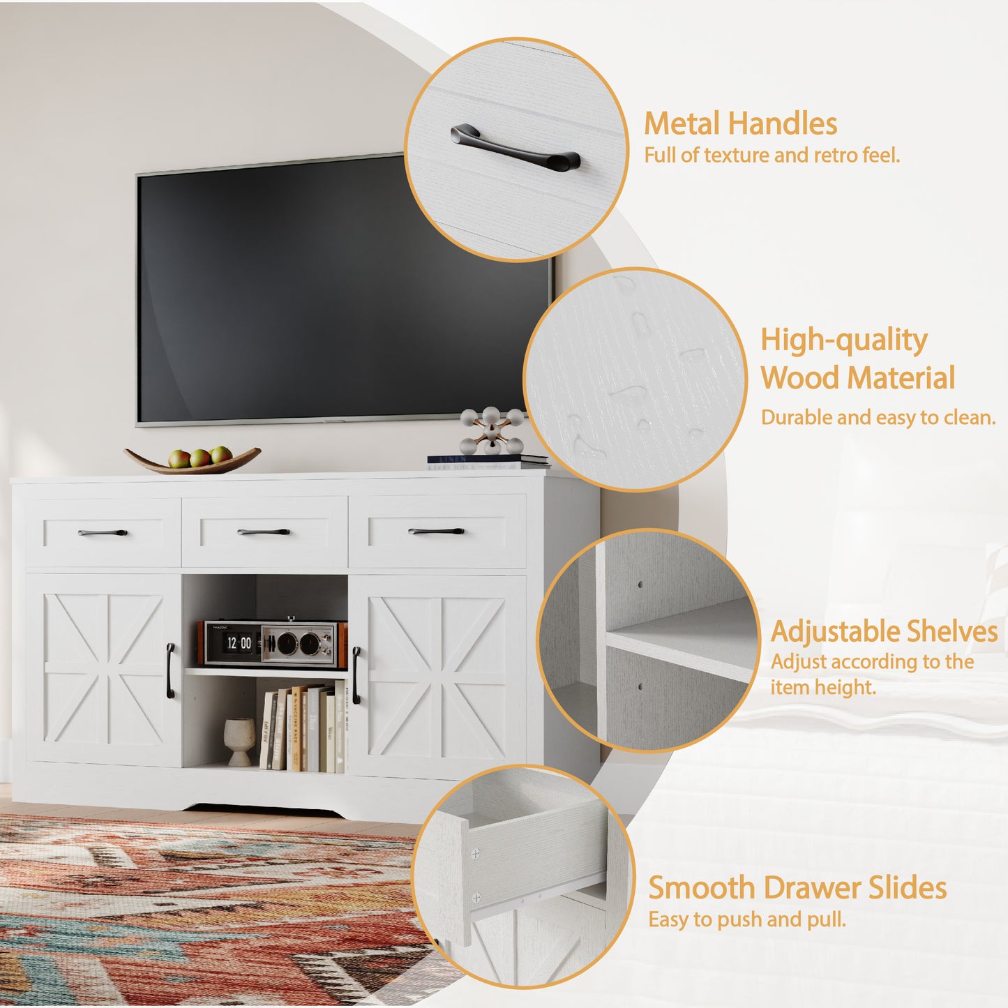 55" Farmhouse Coffee Bar Cabinet,White Wood Kitchen Sideboard W/ 3 Drawers 2 Shelves for Living Room,Dining Room