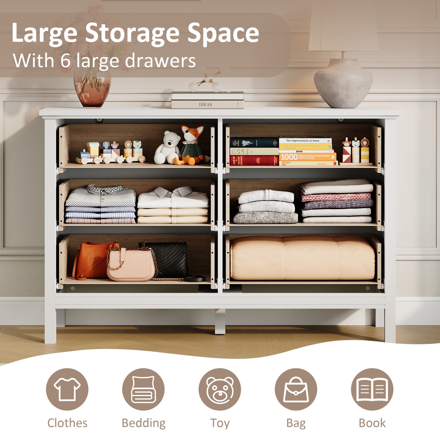 Dresser with 6 Drawer for Bedroom,Traditional Adult Chest of Drawers with Golden Handles for Living Room,Hallway,Nursery
