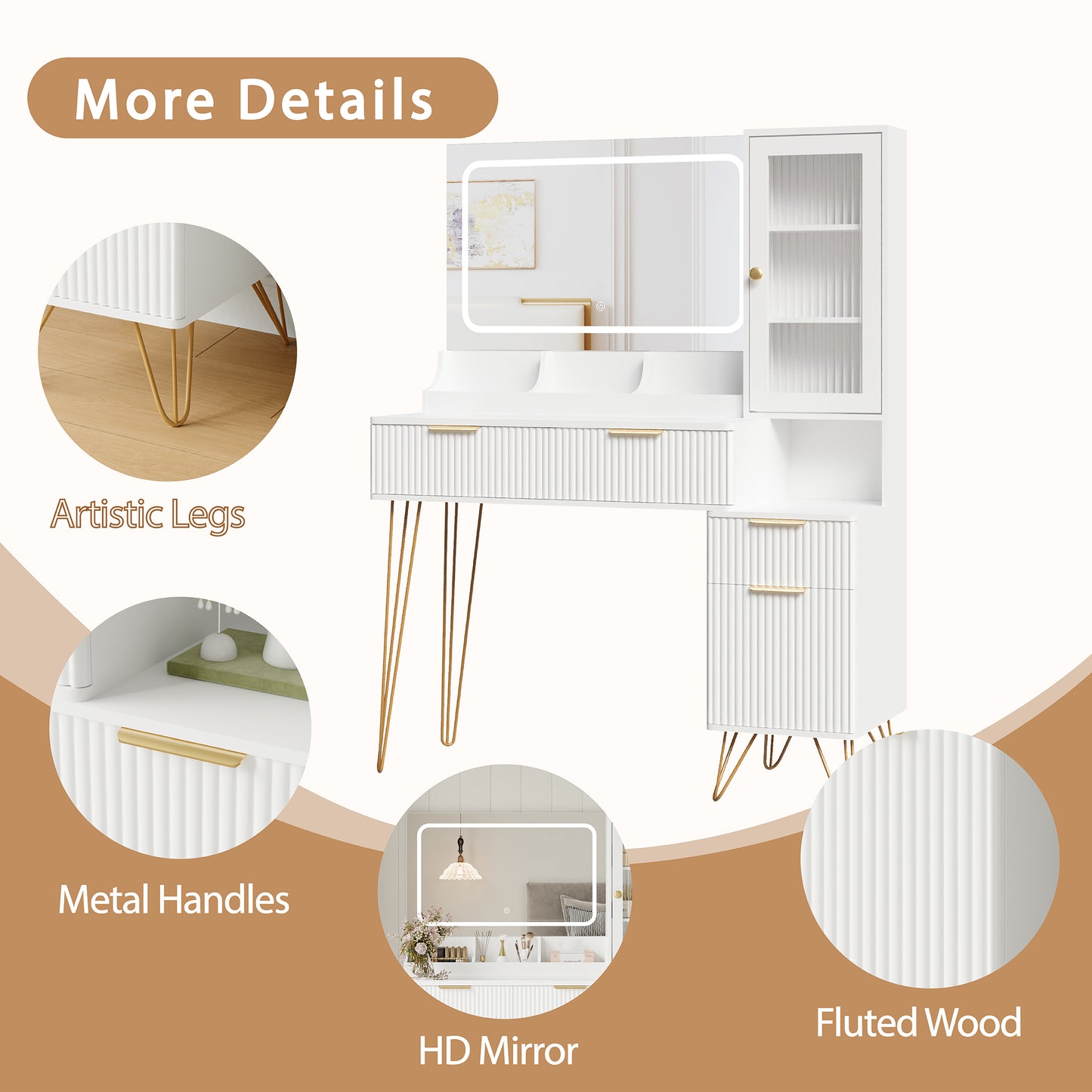 White Vanity Desk Set with Mirror and Lights, Modern Makeup Desk with 4 Drawers,1 Doors & 3 Storage Compartments for Bedroom