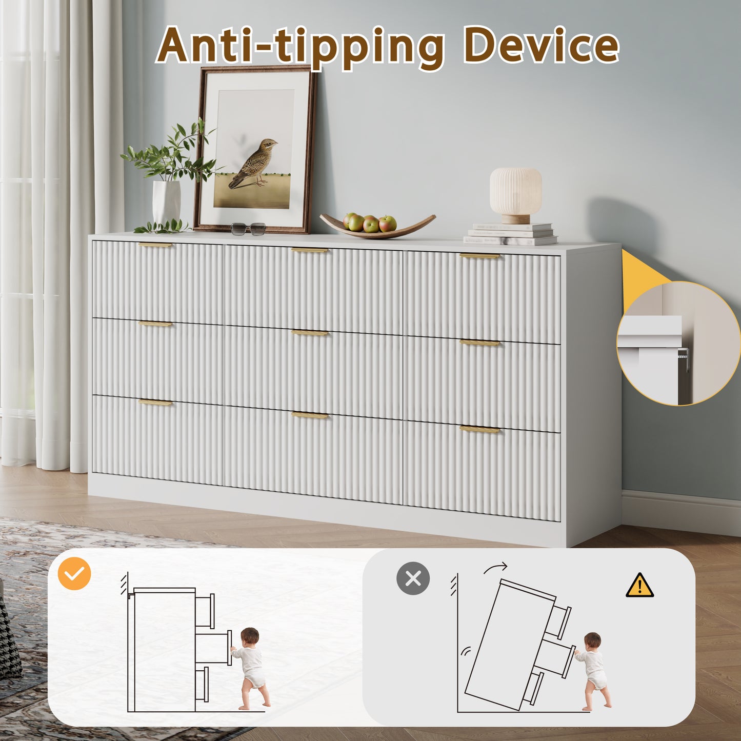 9 Drawer Dresser with for Bedroom,Modern Fluted Wood Chest of Drawer with Golden Embedded Handles for Living Room,Hallway