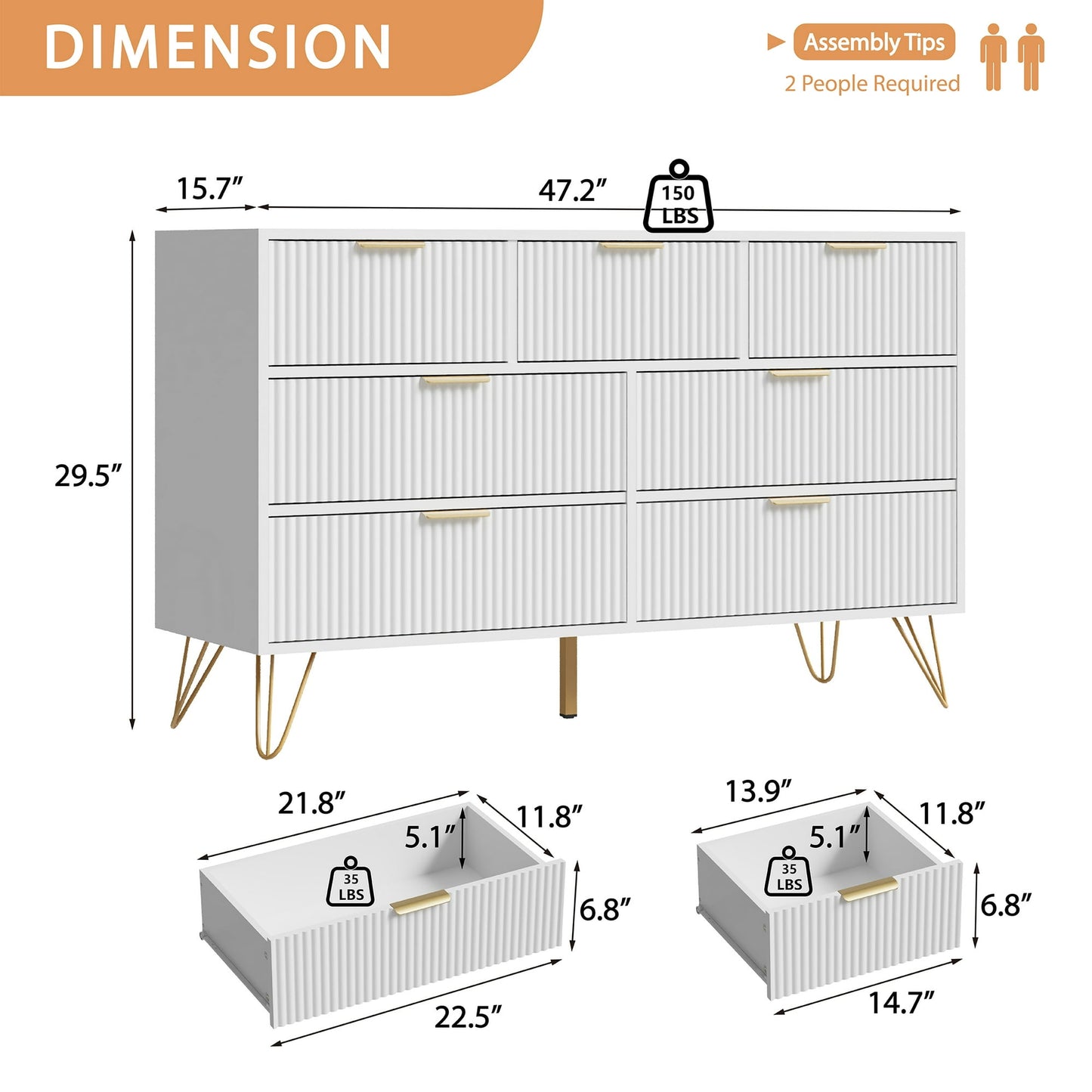 YouTrend White 7 Drawer Dresser with Fluted Wood and Metal Handles Legs for Bedroom Living Room Hallway