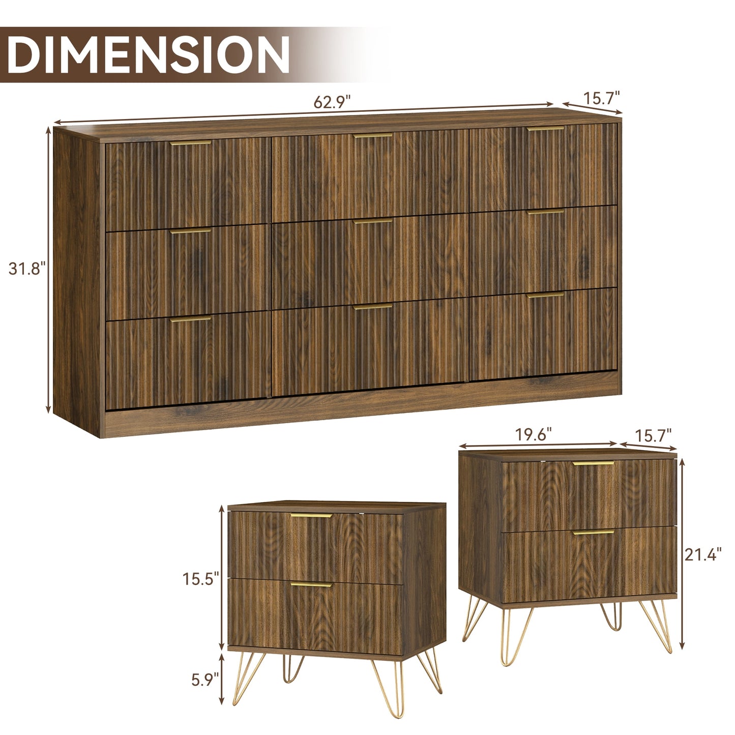 YouTrend 7 Drawer Dresser and Nightstand Sets for Bedroom,3 Piece Bedroom Dresser Set,Fluted Dressers and Nightstands, Modern Bedroom Set