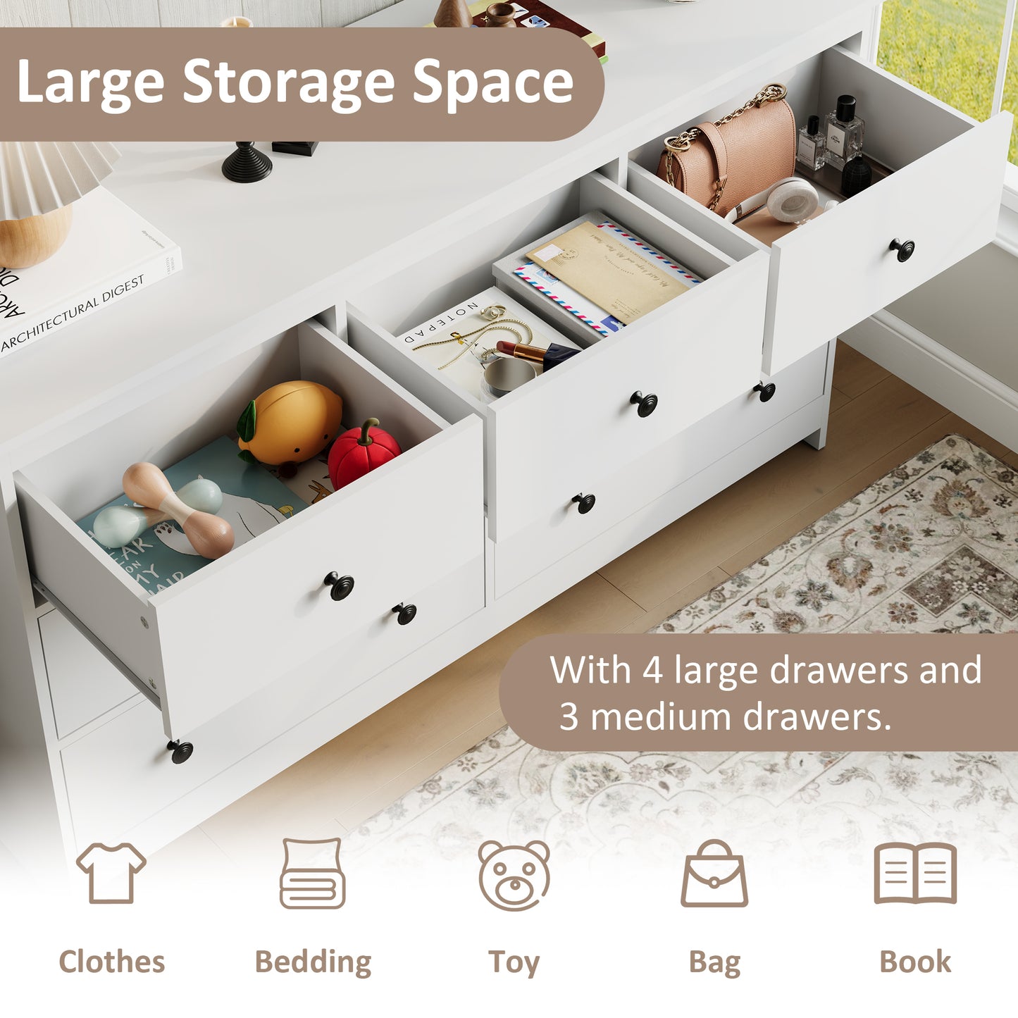 7 Drawer Dresser, Modern Chests of Drawers Wood Adult Storage Cabinet for Bedroom Living Room Hallway Entryway
