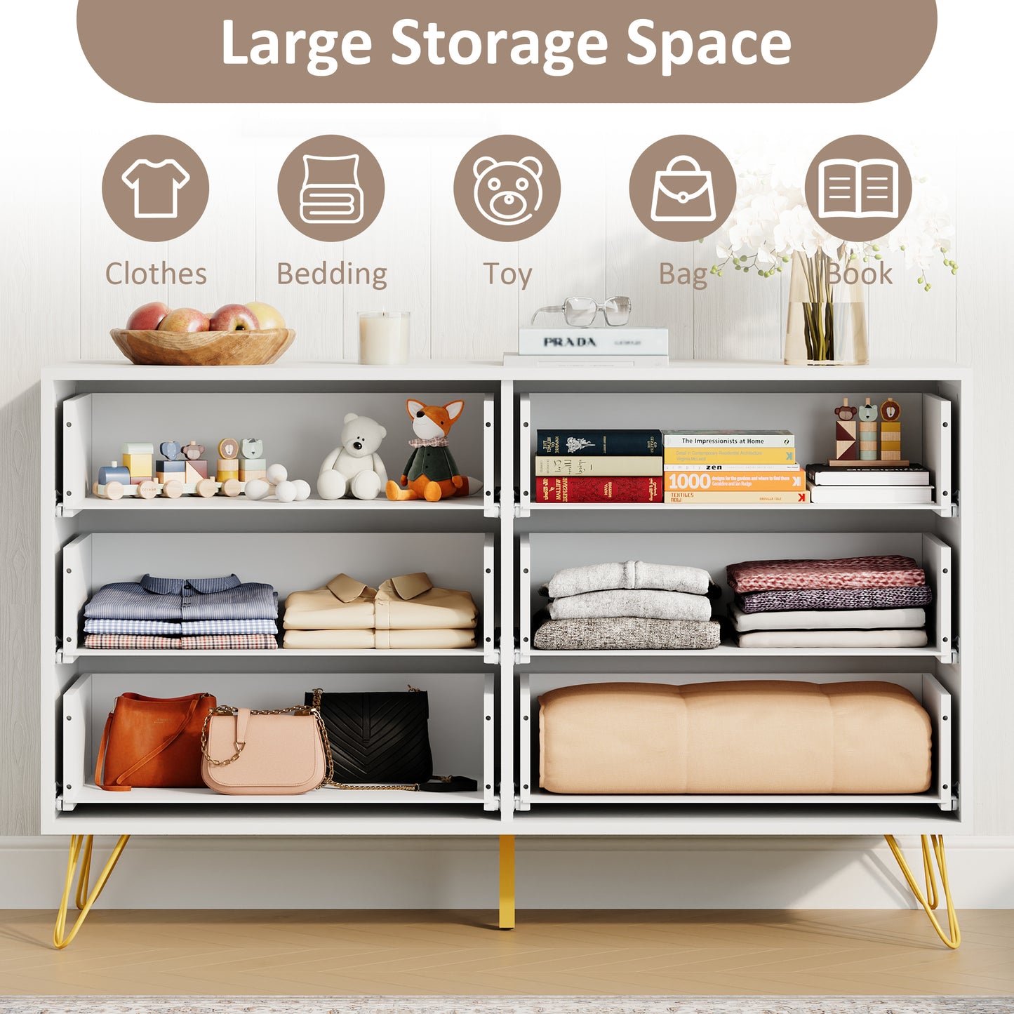 6 Drawer Dresser Double Dresser Storage Cabinet with W Pattern for Living Room, Hallway, Nursery