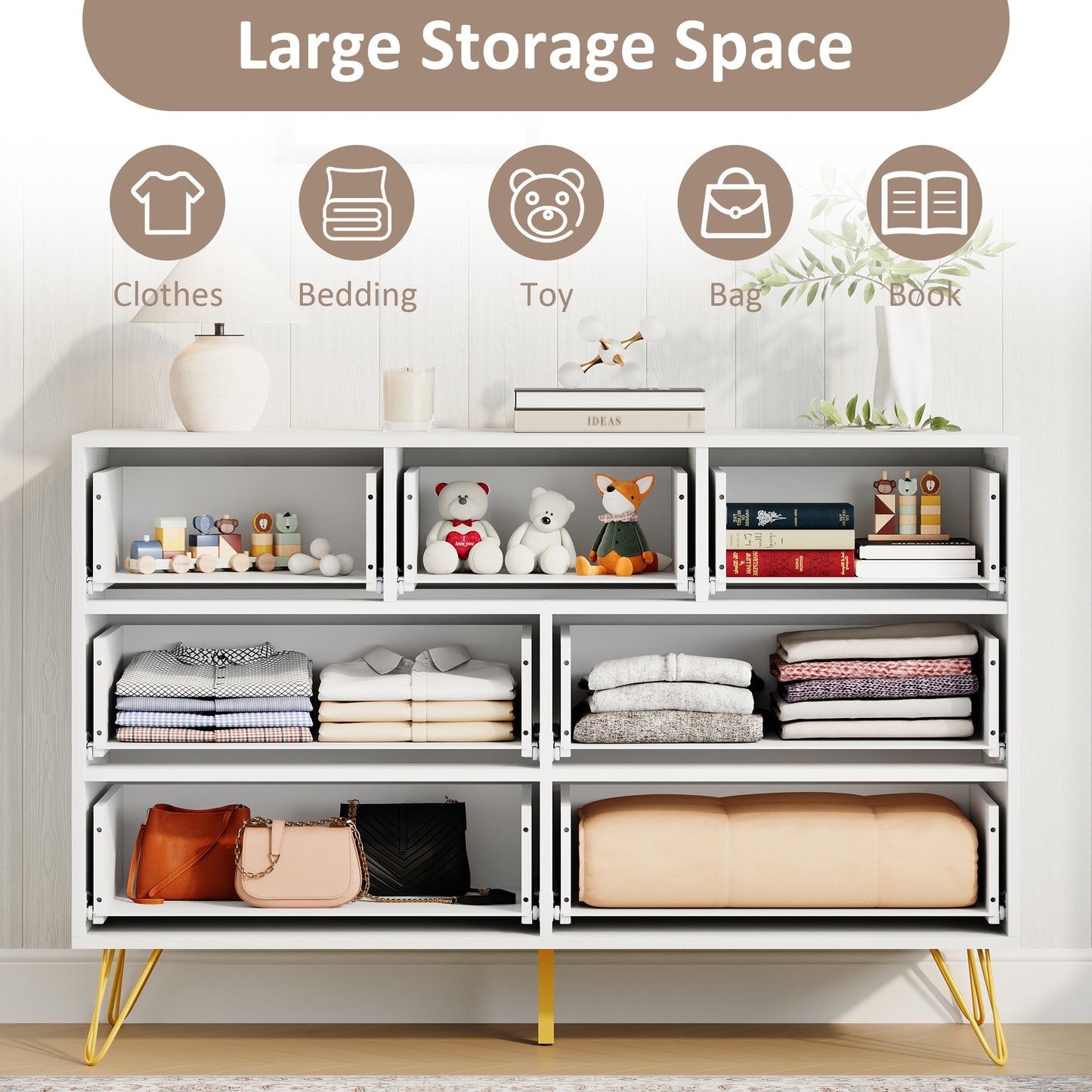 7 Drawer Dresser,Adult Dresser with Golden Legs & Handles,Wooden Chest of Drawer, for Bedroom Living Room