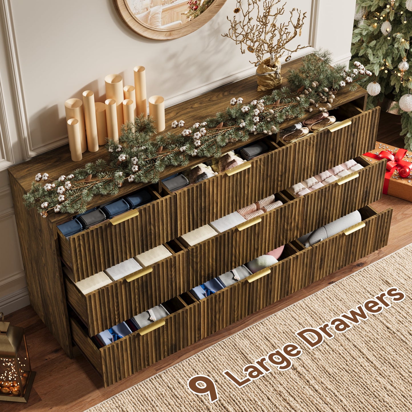 YouTrend White 9 Drawer Dresser for Bedroom,Modern Adult Fluted Wood Chest of Drawer with Golden Embedded Handles for Living Room,Hallway