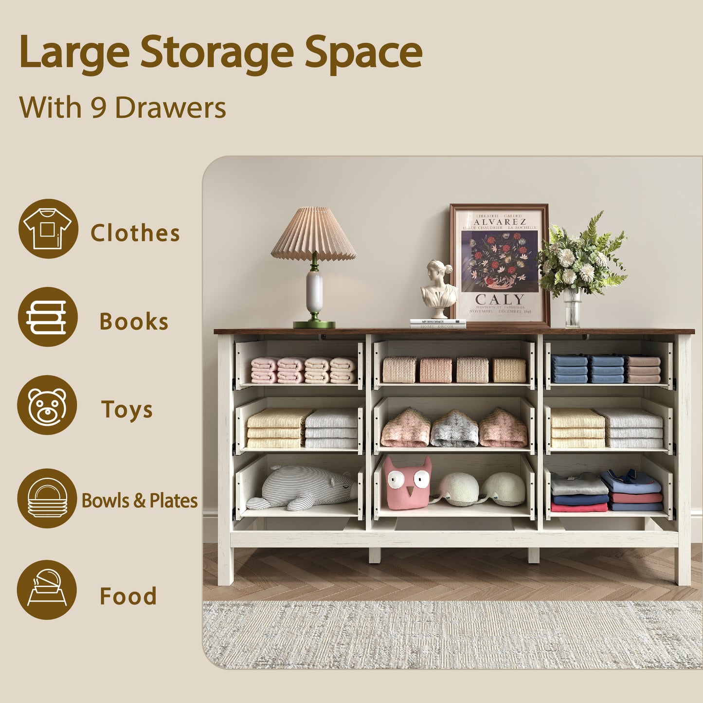 9 Drawer Farmhouse Dresser,Wood Adult Rustic Chest of Drawer with Metal Handles for Bedroom Living Room Hallway