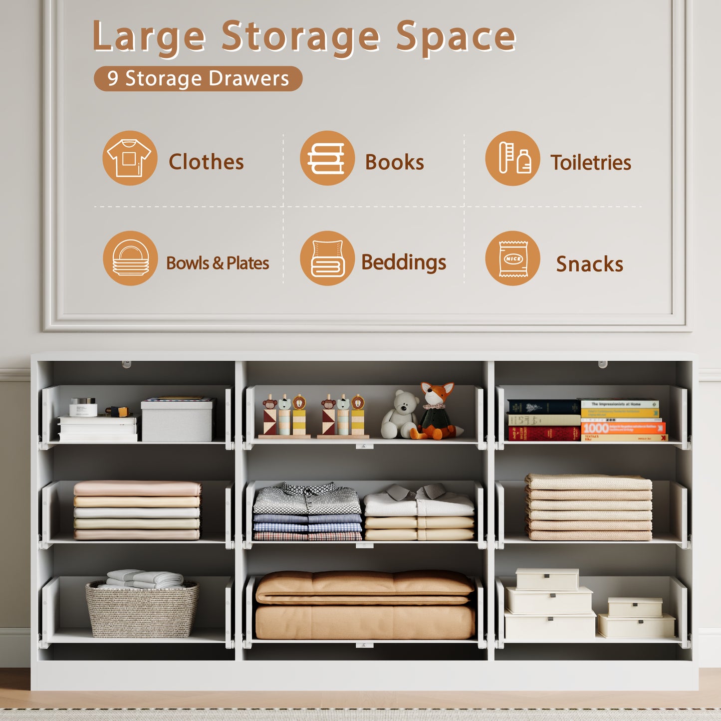 9 Drawer Dresser with for Bedroom,Modern Fluted Wood Chest of Drawer with Golden Embedded Handles for Living Room,Hallway