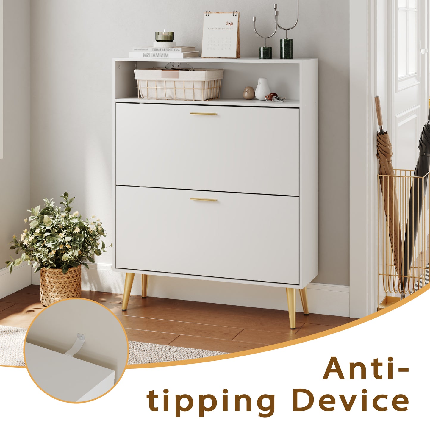 Shoe Cabinet with 2 Flip Drawers and Open Shelf Shoe Organizer for Entryway