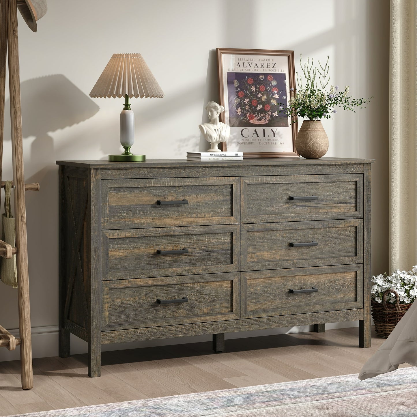 YouTrend 6 Drawer Farmhouse Dresser,Wood Adult Rustic Chest of Drawer with Metal Handles for Bedroom Living Room Hallway,Burlywood & White