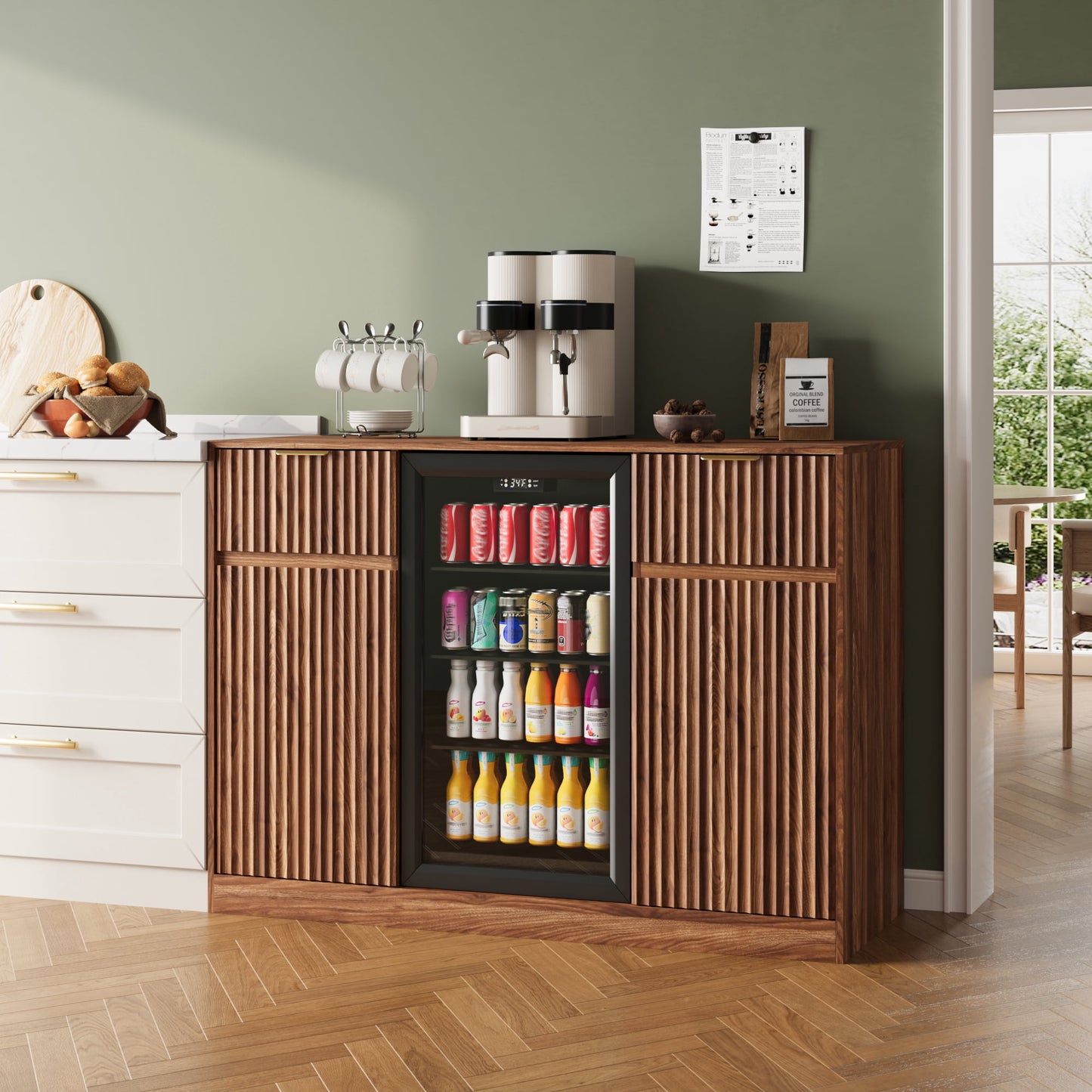 ASTUVIA Mini Fridge Cabinet with Power Outlet,Fluted Coffee Bar Cabinet with Mini Fridge Space,Buffet Sideboard with Drawers,Natural