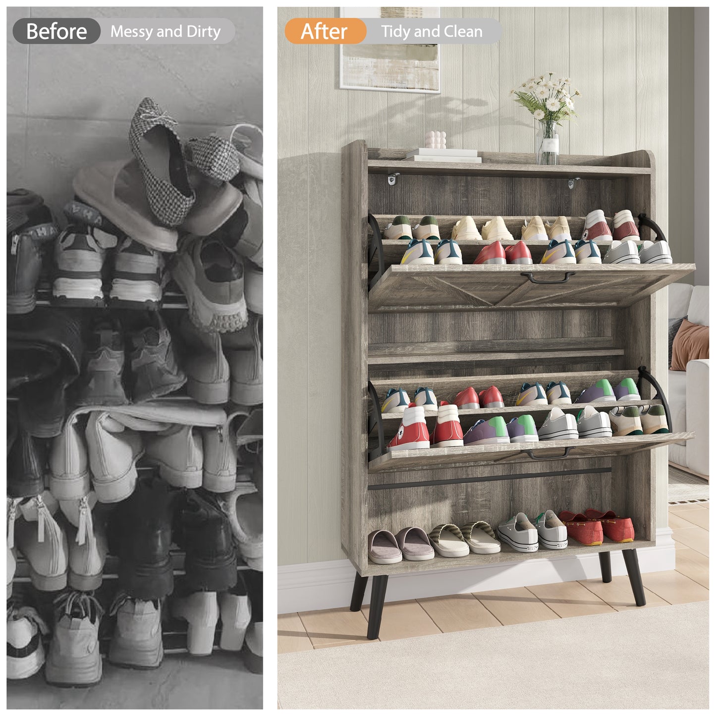 Shoe Storage Cabinet with 2 Flip Drawers, Farmhouse Shoe Organizer for Entryway