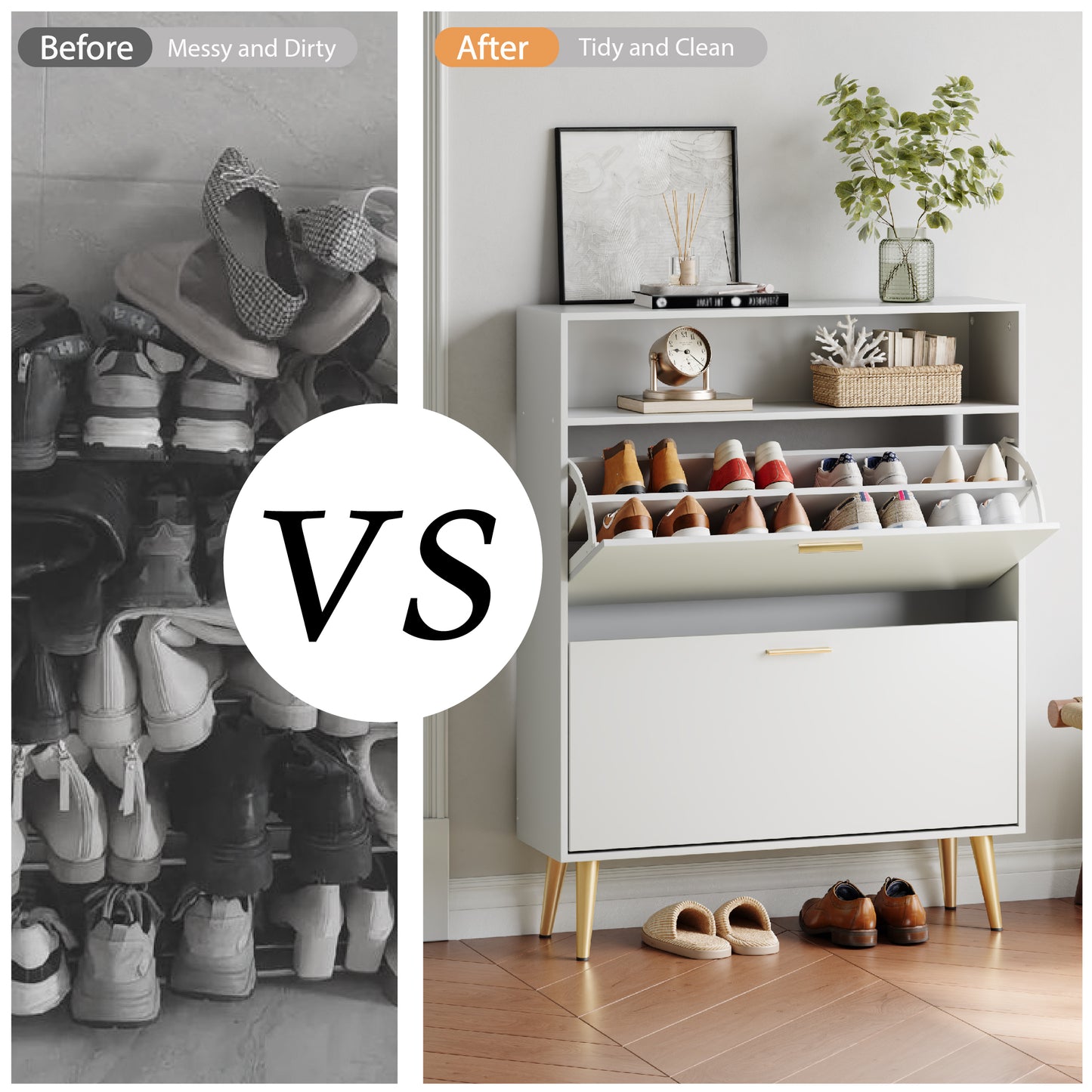 Shoe Cabinet with 2 Flip Drawers and Open Shelf Shoe Organizer for Entryway