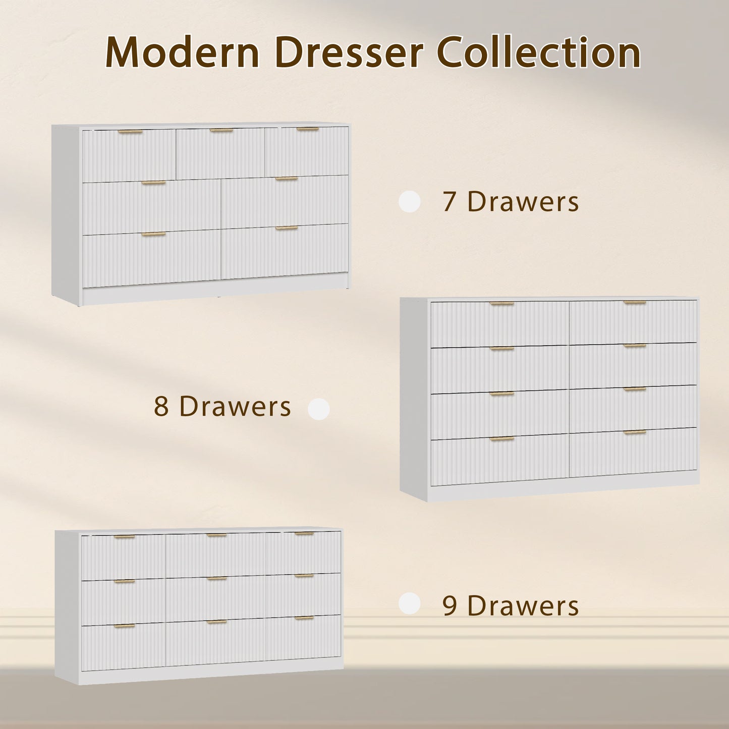 9 Drawer Dresser with for Bedroom,Modern Fluted Wood Chest of Drawer with Golden Embedded Handles for Living Room,Hallway