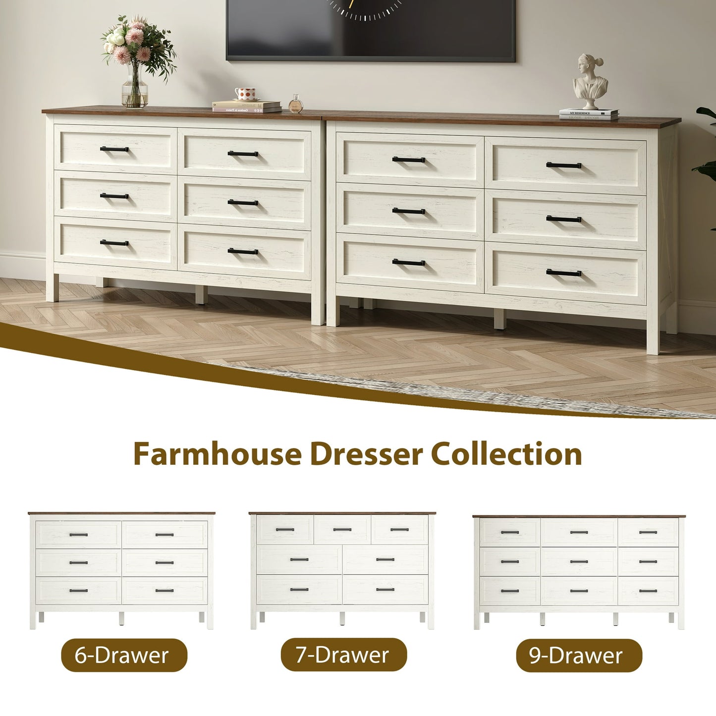 YouTrend 7 Drawer Farmhouse Dresser,Wood Adult Rustic Chest of Drawer with Metal Handles for Bedroom Living Room Hallway,Burlywood & White