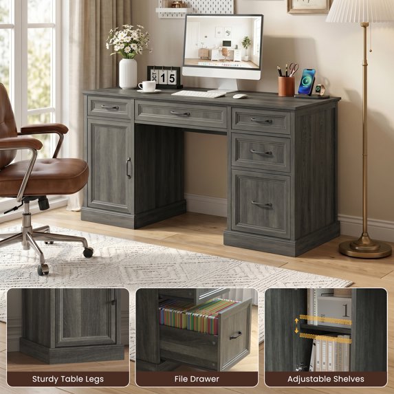 ASTUVIA Farmhouse 58" Computer Desk with Drawers,Wood Home Office Desk with Storage,Gaming Desk with Storage Shelves