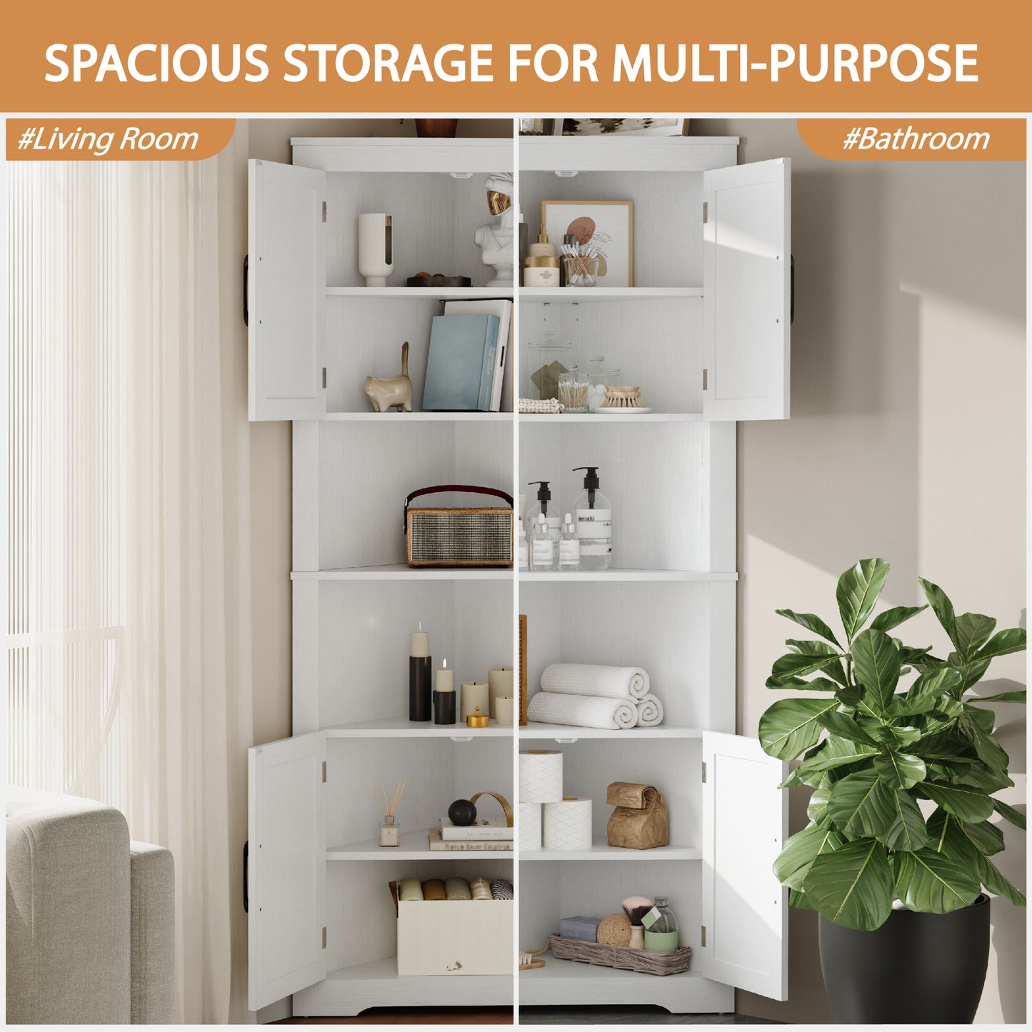 Farmhouse Corner Cabinet with 2 Doors and Adjustable Shelves,Tall Storage Cabinet for Bathroom,Living Room,Kitchen,Living Room