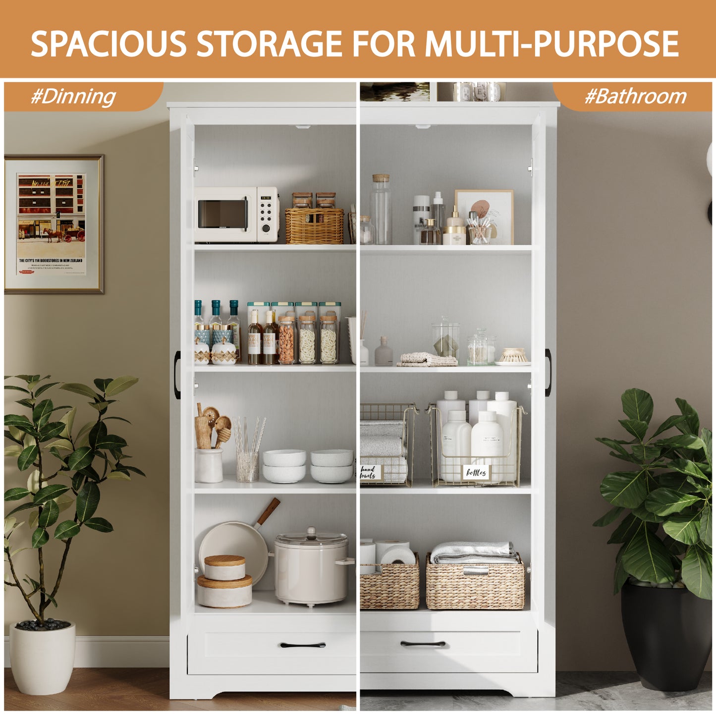 69" Tall Kitchen Pantry,Farmhouse Storage Cabinet with 2 Barn Doors 4 Adjustable Shelves and Large Drawer for Dining Room,Living Room,Bathroom