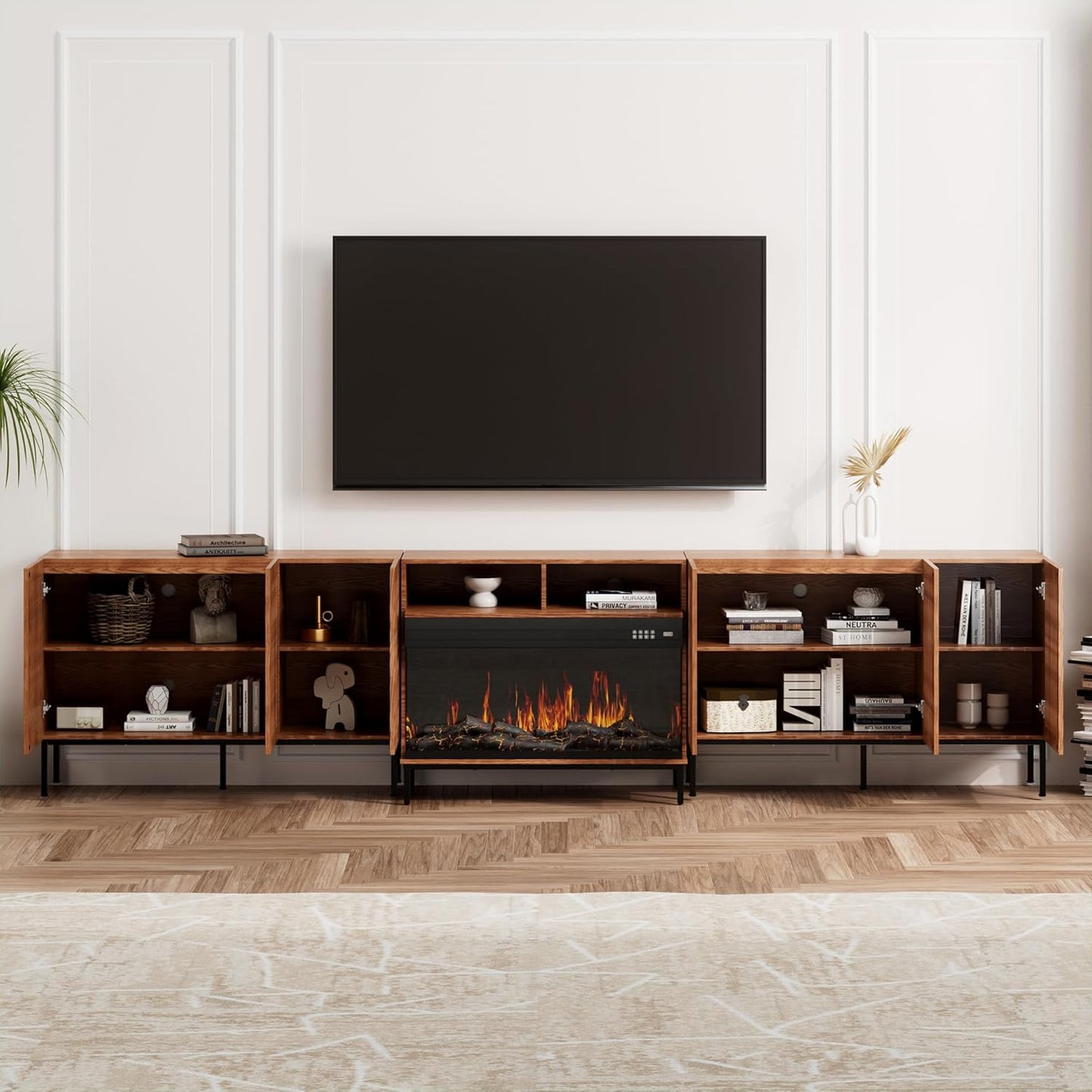 3-Sided Glass Farmhouse Fireplace TV Stand for TVs Up to 100 Inch, Entertainment Center with 36" Electric Fireplace, TV Console with Storage Cabinets for Living Room,Dark Brown