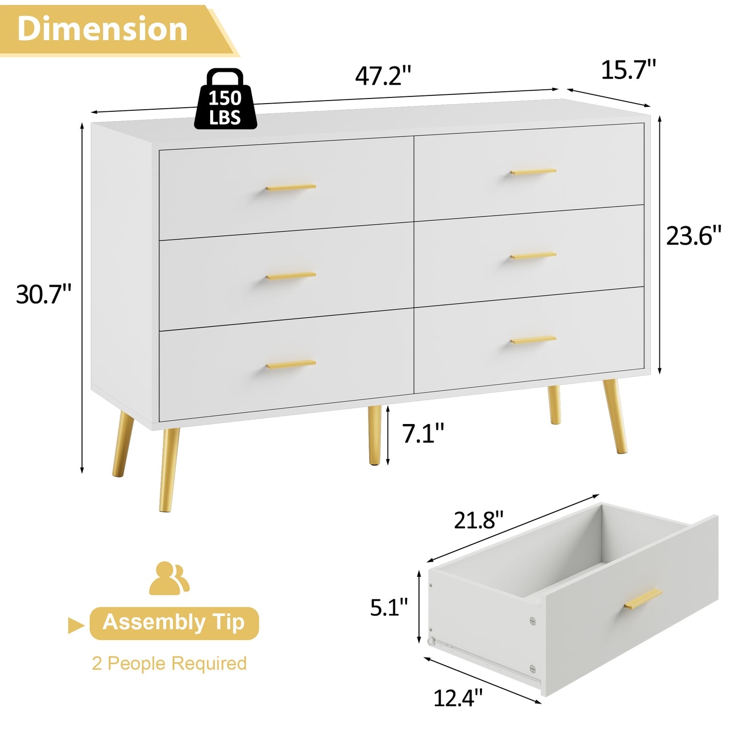 6 Drawer Double Dresser, Wood Storage Cabinet with Metal Handles for Living Room,Bedroom