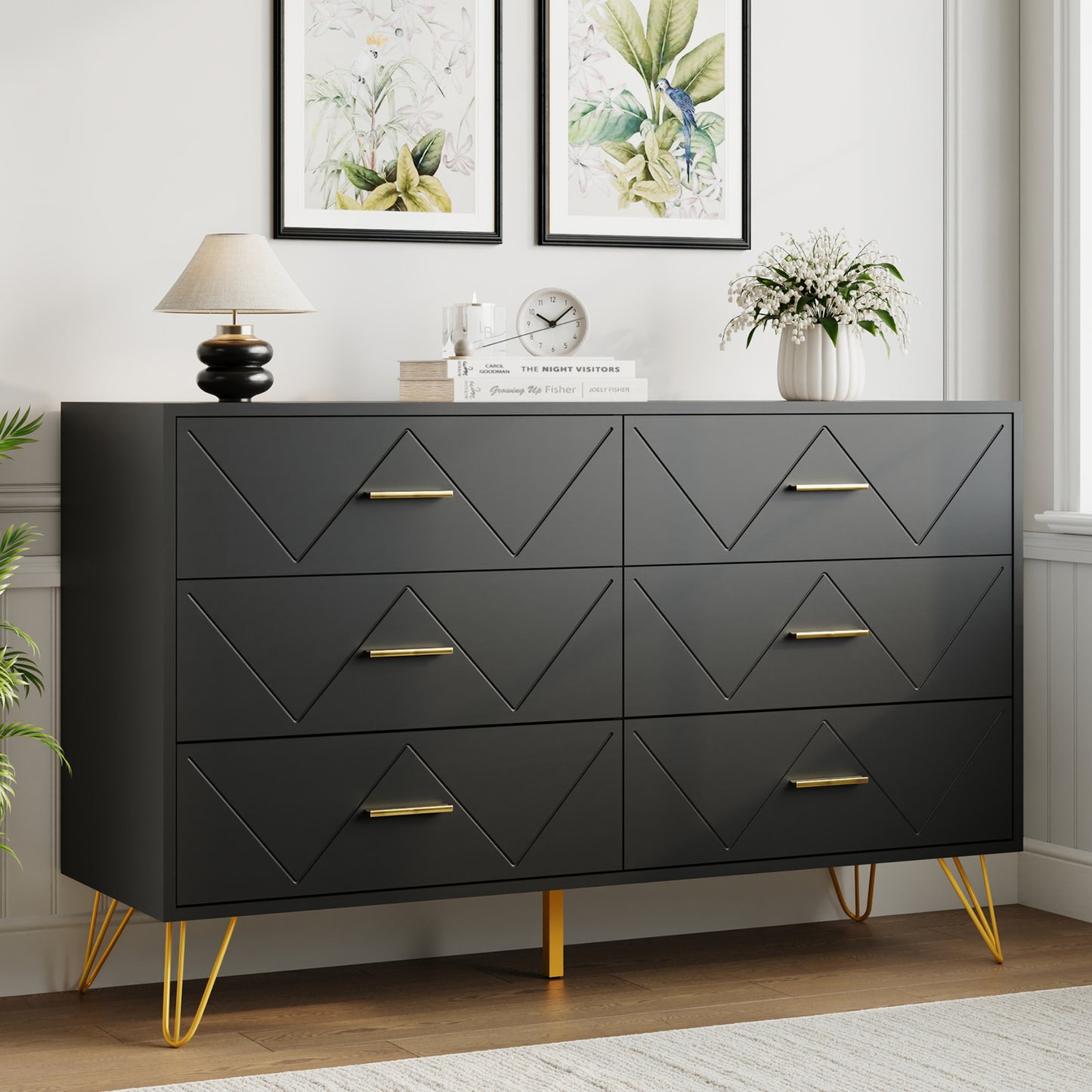 6 Drawer Dresser Double Dresser Storage Cabinet with W Pattern for Living Room, Hallway, Nursery