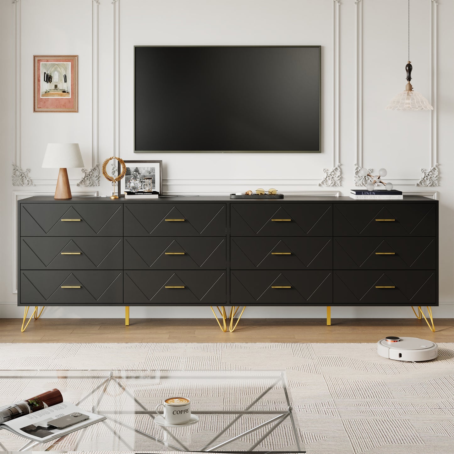 6 Drawer Dresser Double Dresser Storage Cabinet with W Pattern for Living Room, Hallway, Nursery