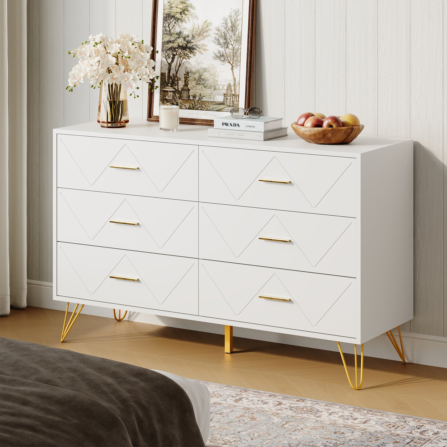 6 Drawer Dresser Double Dresser Storage Cabinet with W Pattern for Living Room, Hallway, Nursery